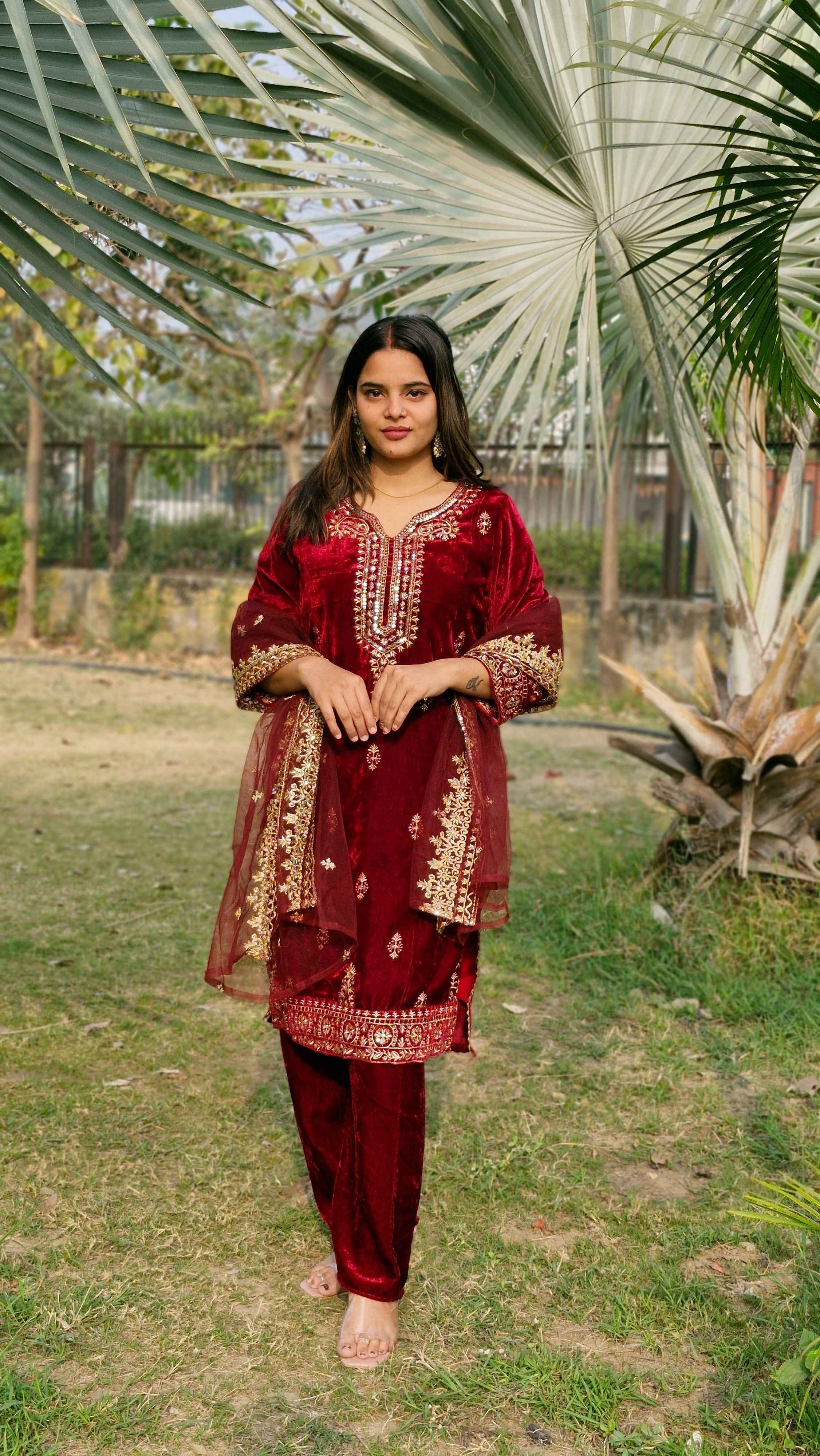 Beautiful Viscos Velvet Maroon Embroidery Sequnece Wedding Wear Designer Salwar Suit with Net Dupatta