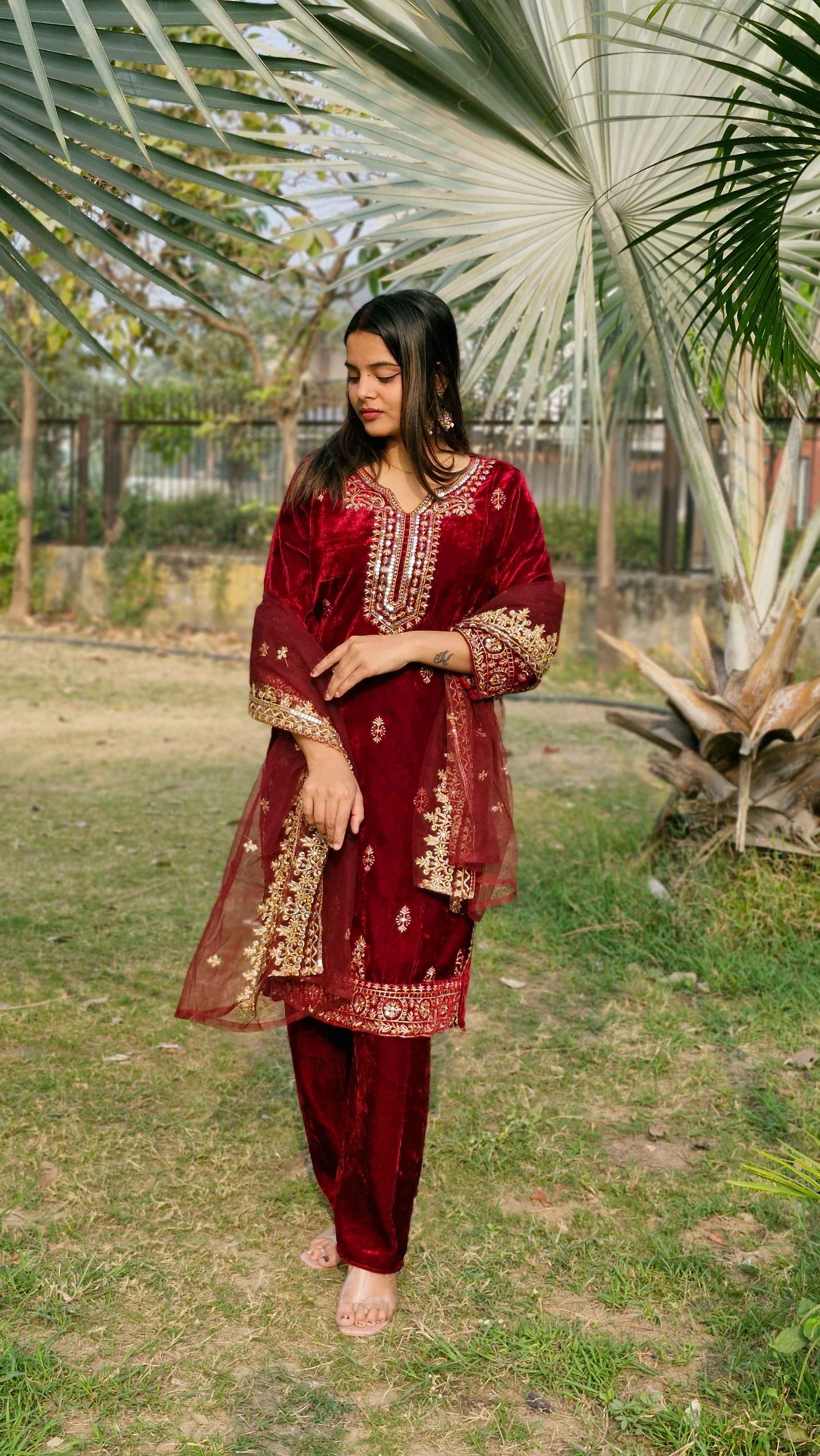 Beautiful Viscos Velvet Maroon Embroidery Sequnece Wedding Wear Designer Salwar Suit with Net Dupatta
