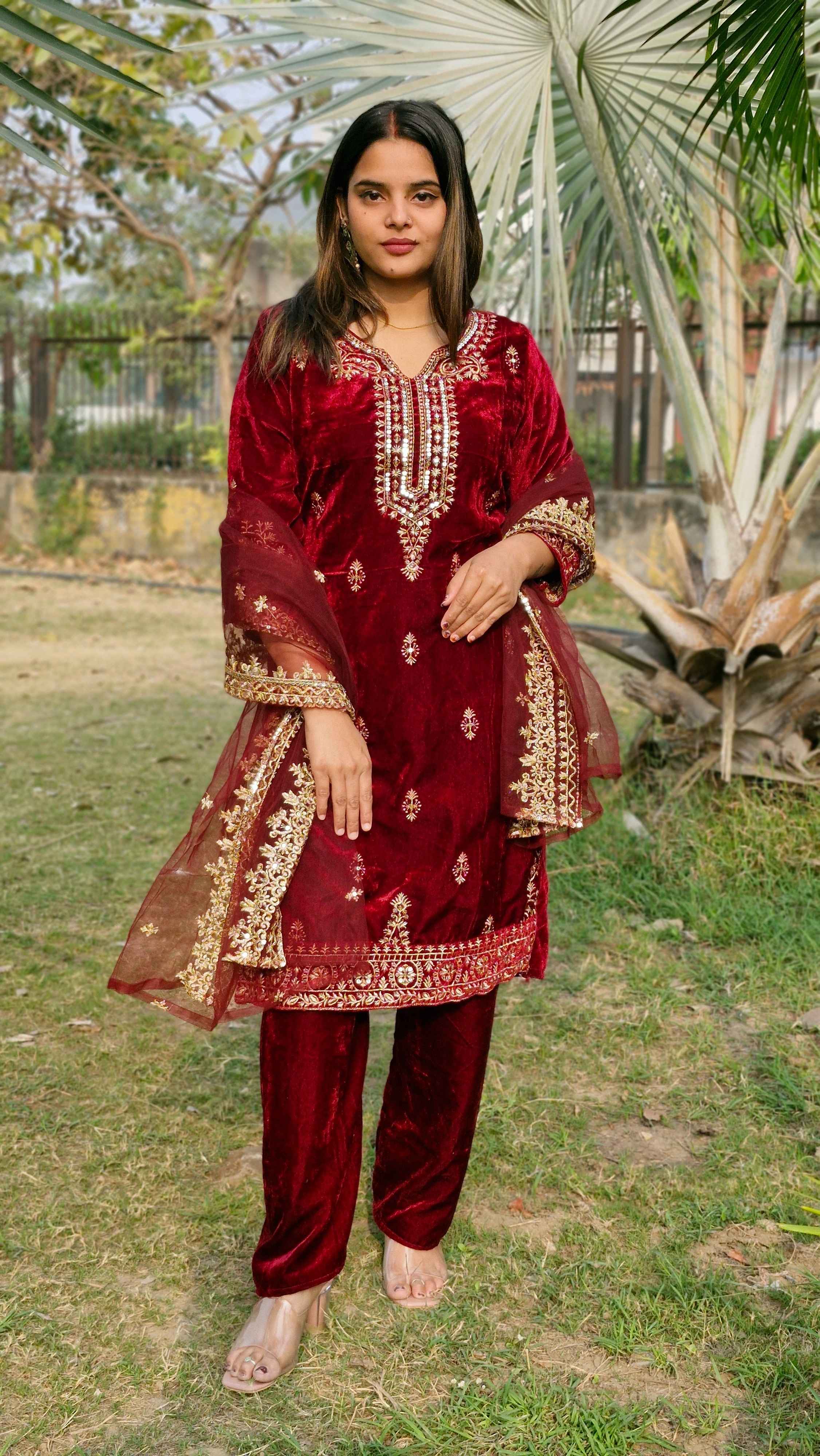 Beautiful Viscos Velvet Maroon Embroidery Sequnece Wedding Wear Designer Salwar Suit with Net Dupatta