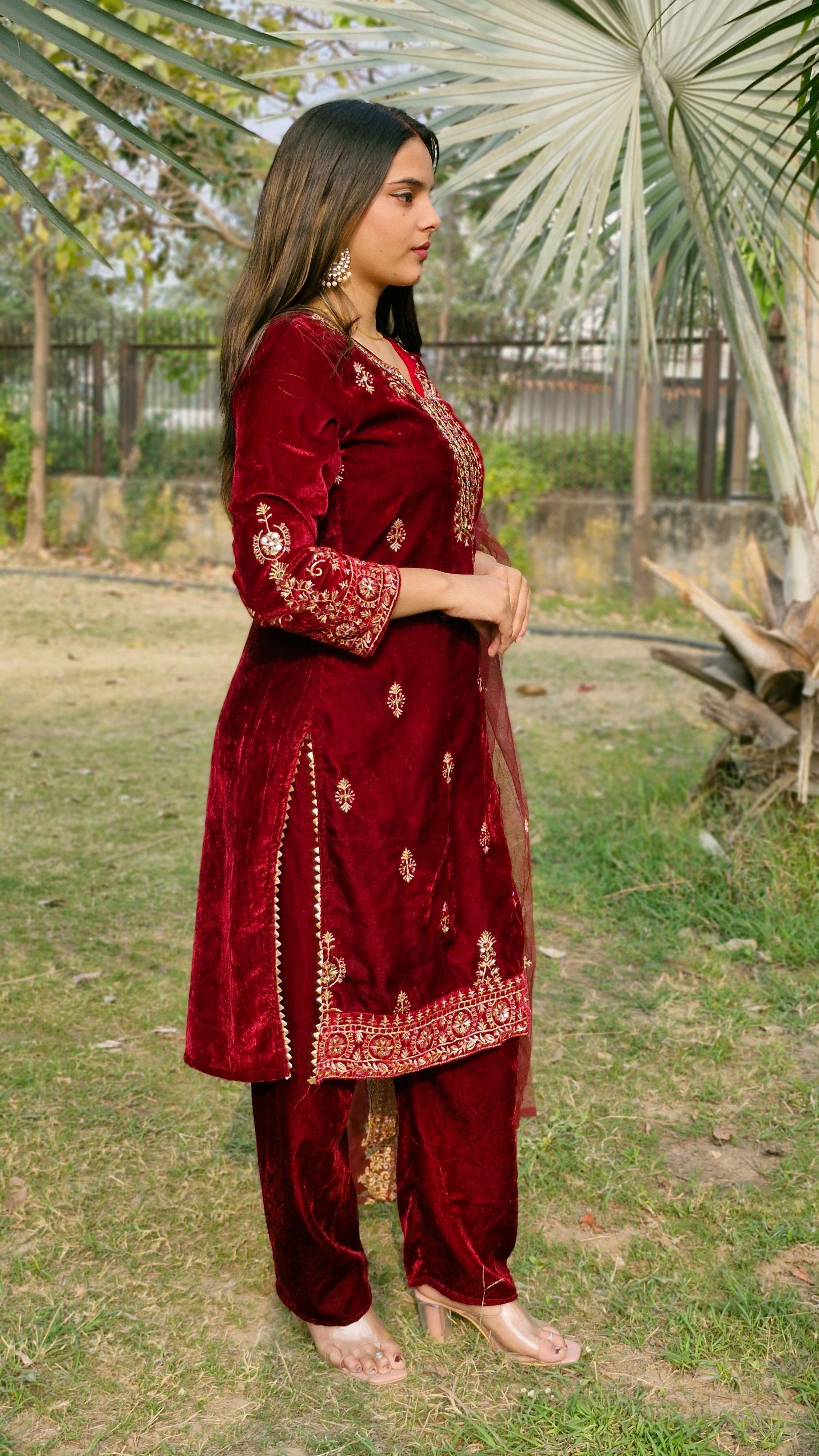 Beautiful Viscos Velvet Maroon Embroidery Sequnece Wedding Wear Designer Salwar Suit with Net Dupatta