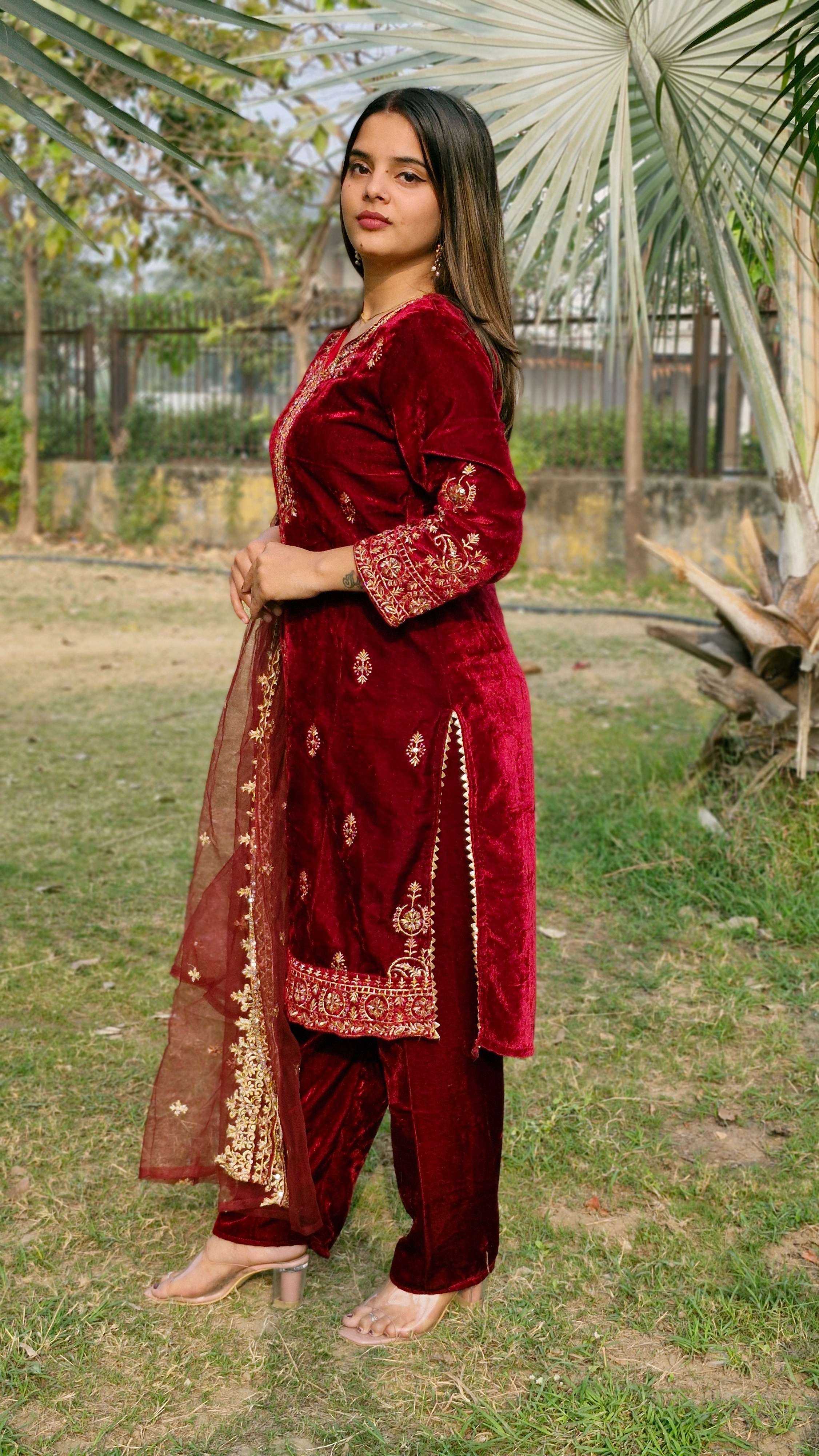 Beautiful Viscos Velvet Maroon Embroidery Sequnece Wedding Wear Designer Salwar Suit with Net Dupatta