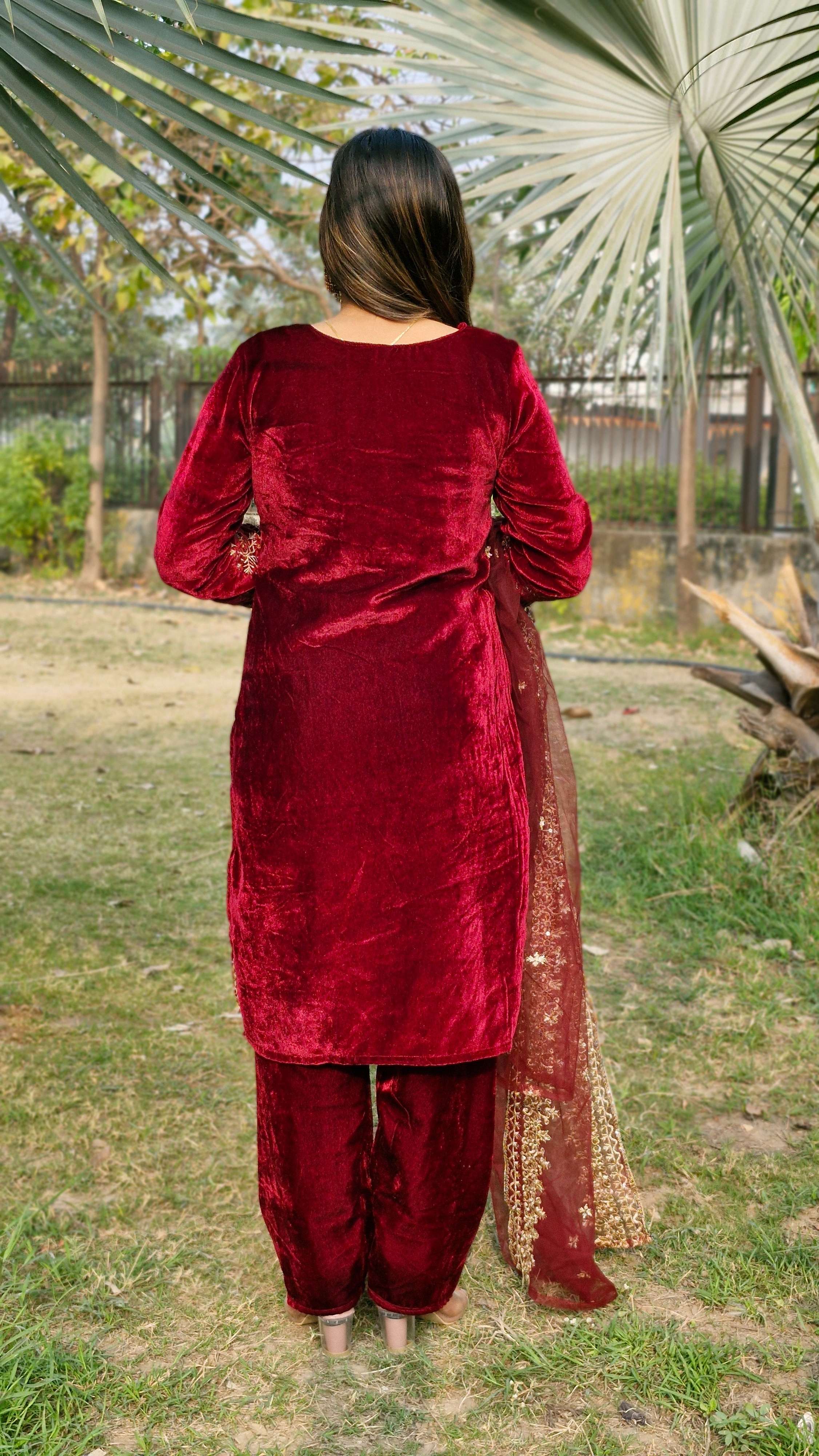 Beautiful Viscos Velvet Maroon Embroidery Sequnece Wedding Wear Designer Salwar Suit with Net Dupatta