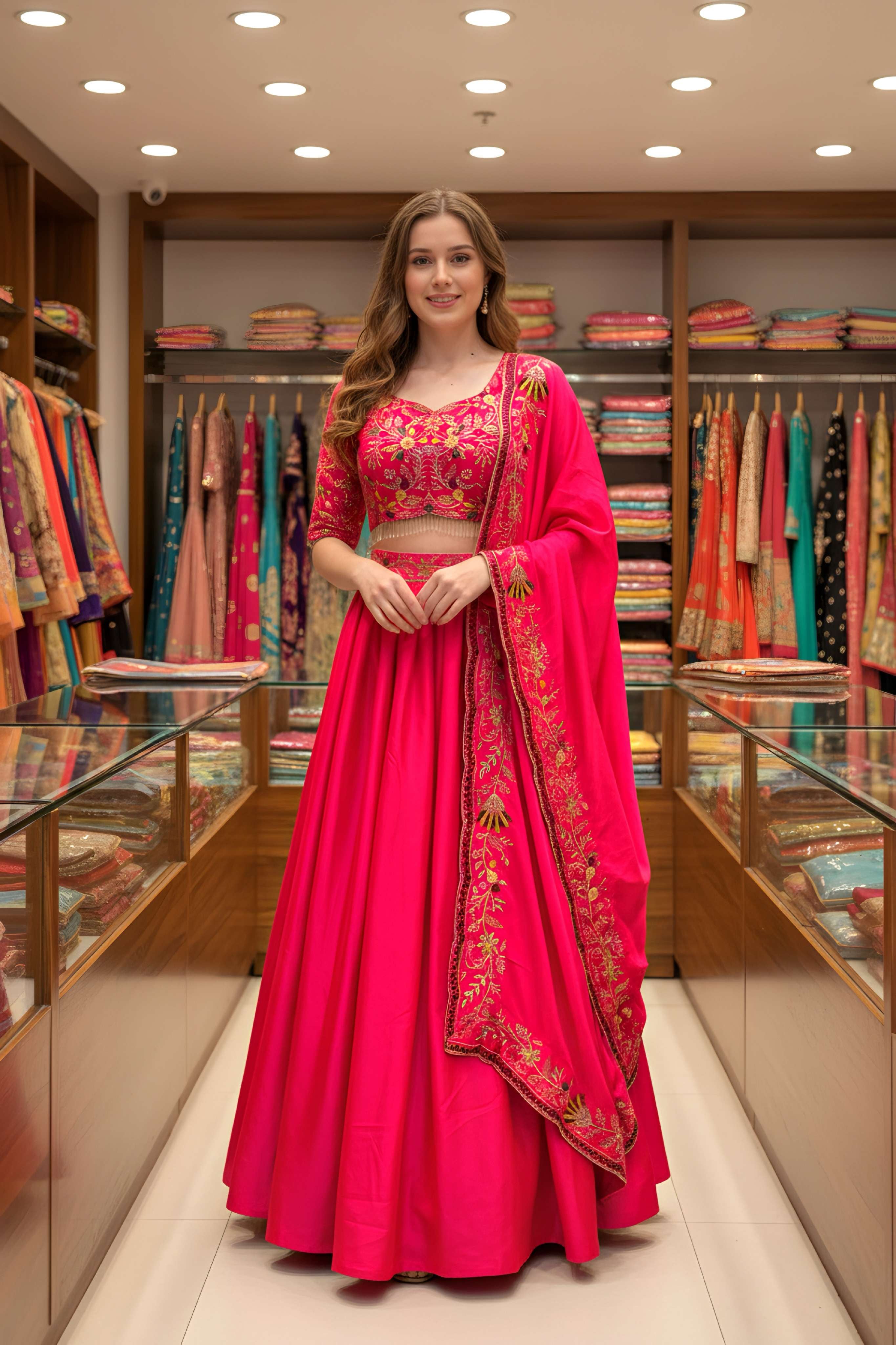 Vibrant Pink Malai Satin Sequence Treads Designer Bridal Wear Lehenga Choli With Dupatta