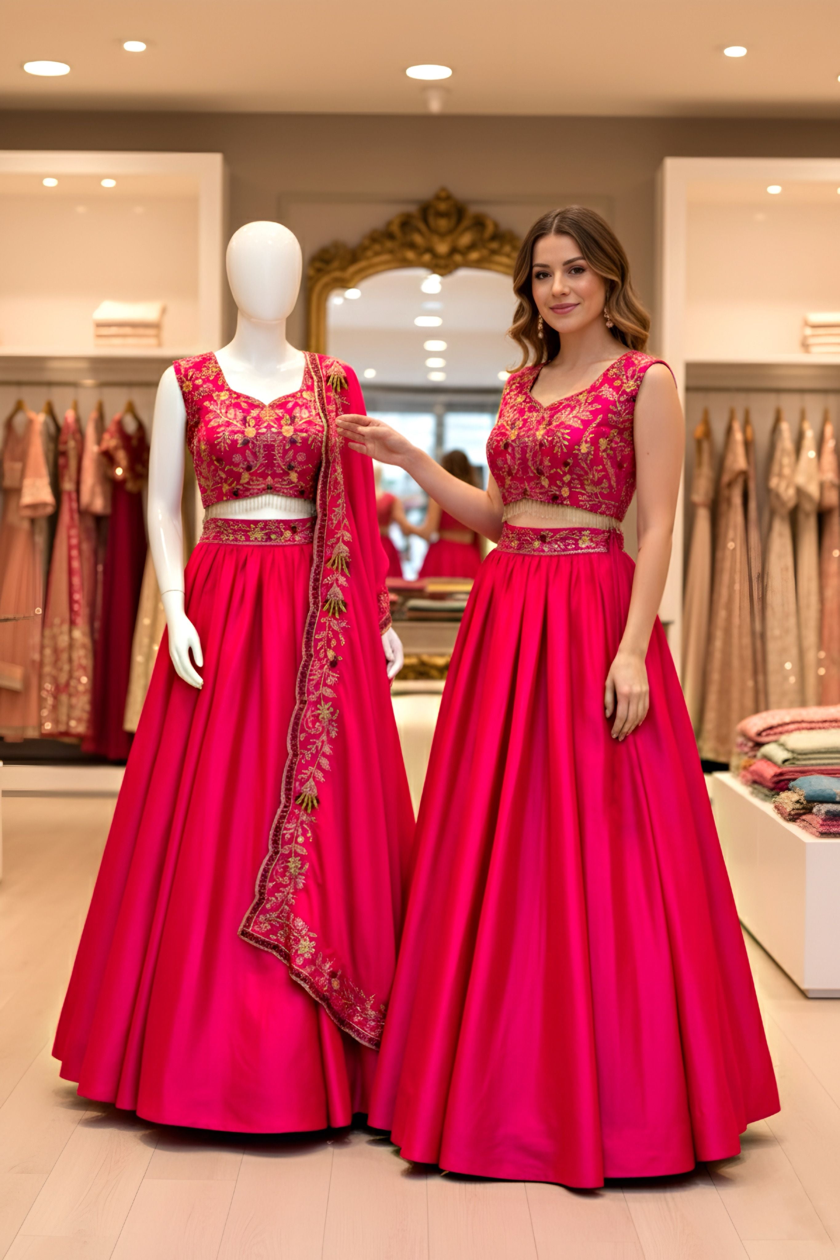 Vibrant Pink Malai Satin Sequence Treads Designer Bridal Wear Lehenga Choli With Dupatta