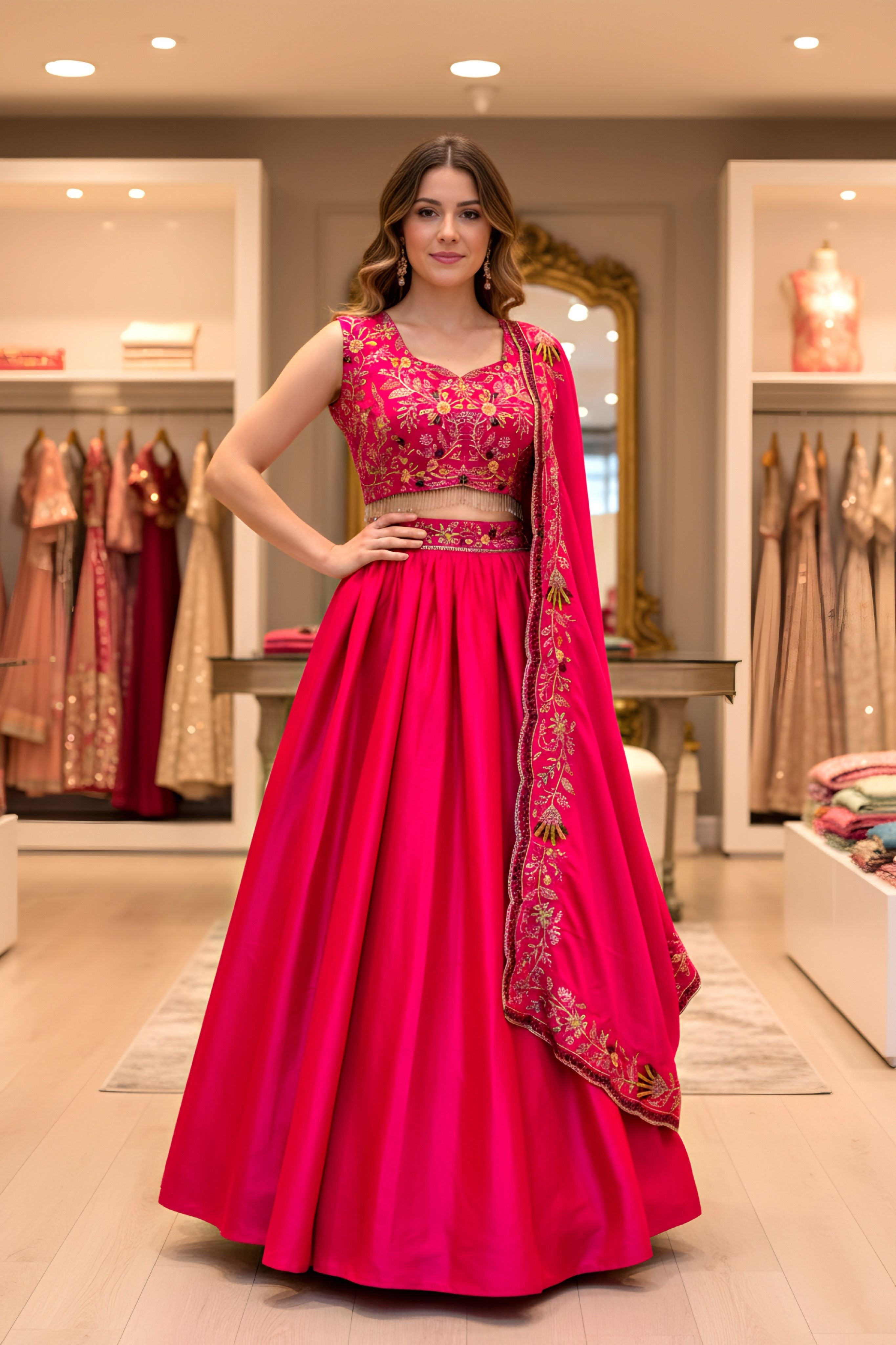 Vibrant Pink Malai Satin Sequence Treads Designer Bridal Wear Lehenga Choli With Dupatta