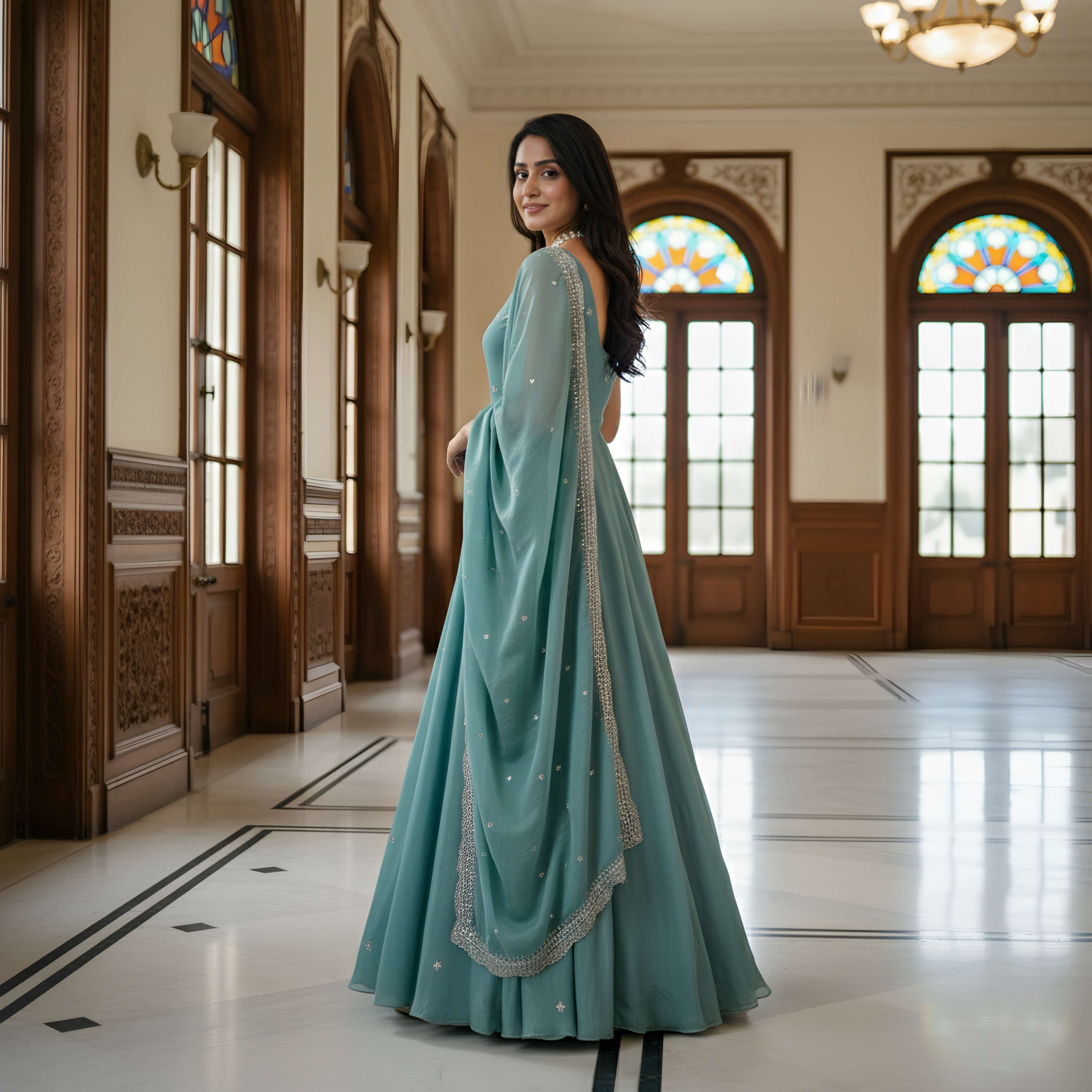 Charming Sea Green Embroidery Sequence Designer Festival Wear Anarkali Gown Pant With Dupa