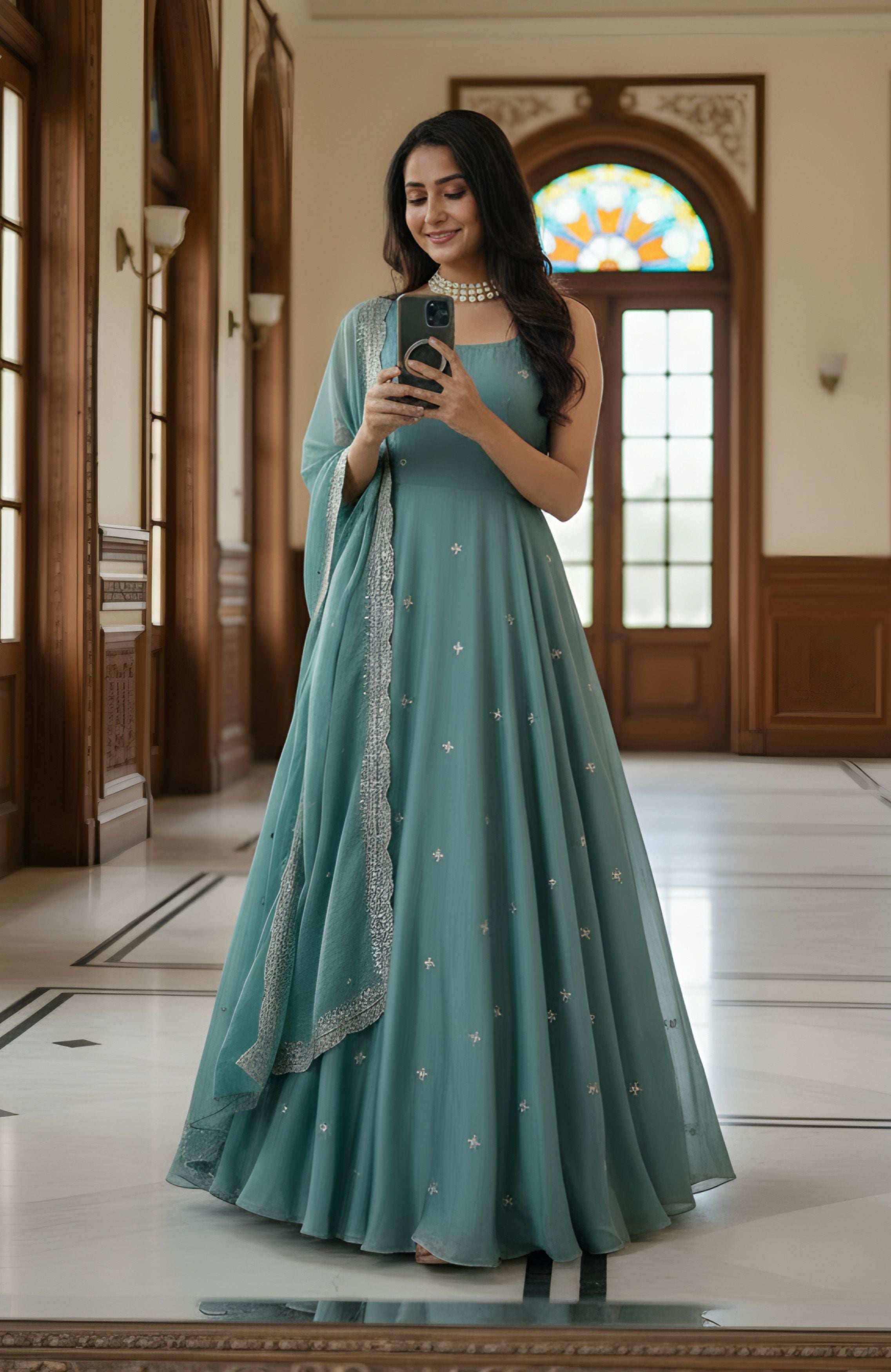 Charming Sea Green Embroidery Sequence Designer Festival Wear Anarkali Gown Pant With Dupa