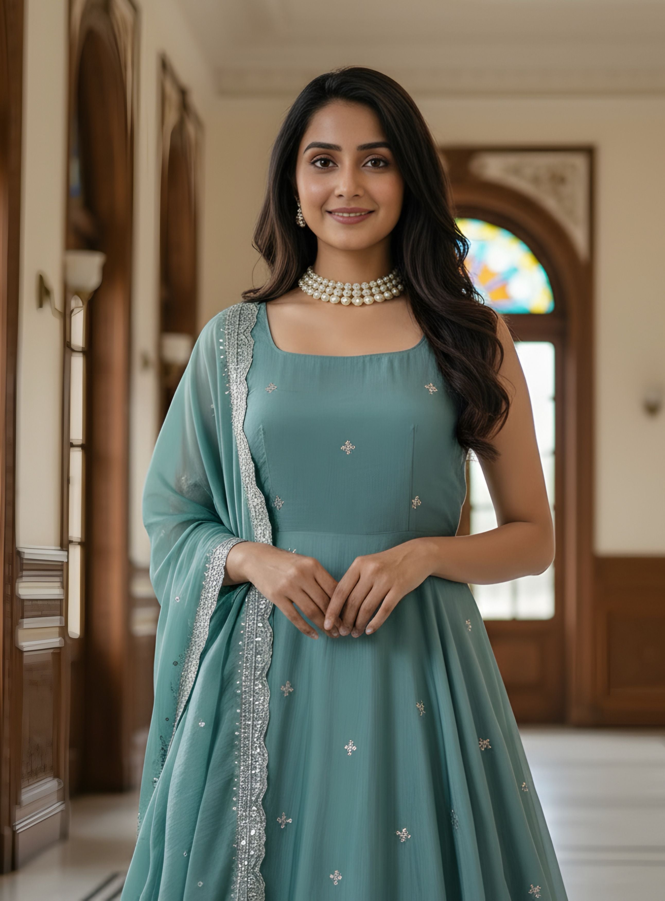 Charming Sea Green Embroidery Sequence Designer Festival Wear Anarkali Gown Pant With Dupa