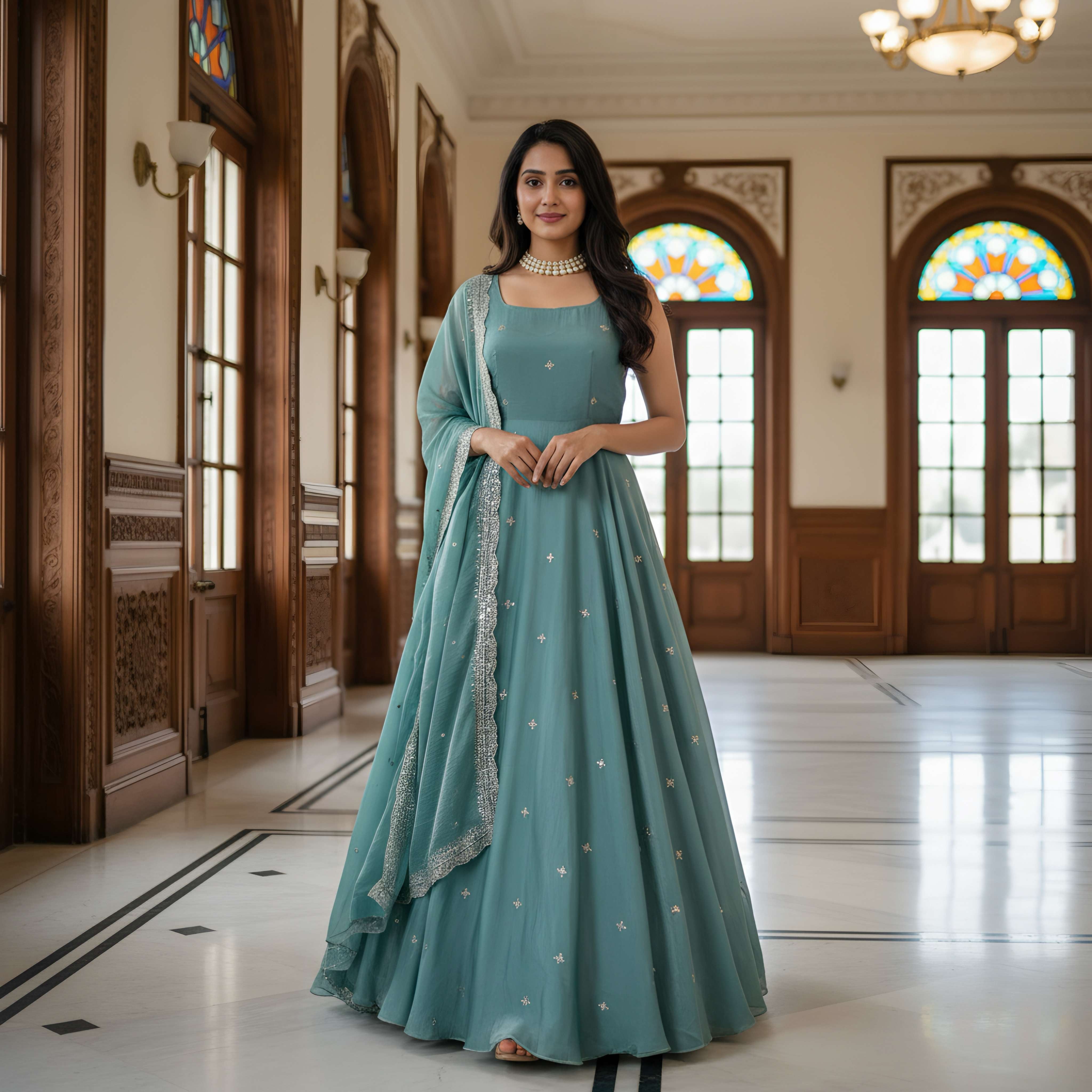 Charming Sea Green Embroidery Sequence Designer Festival Wear Anarkali Gown Pant With Dupa