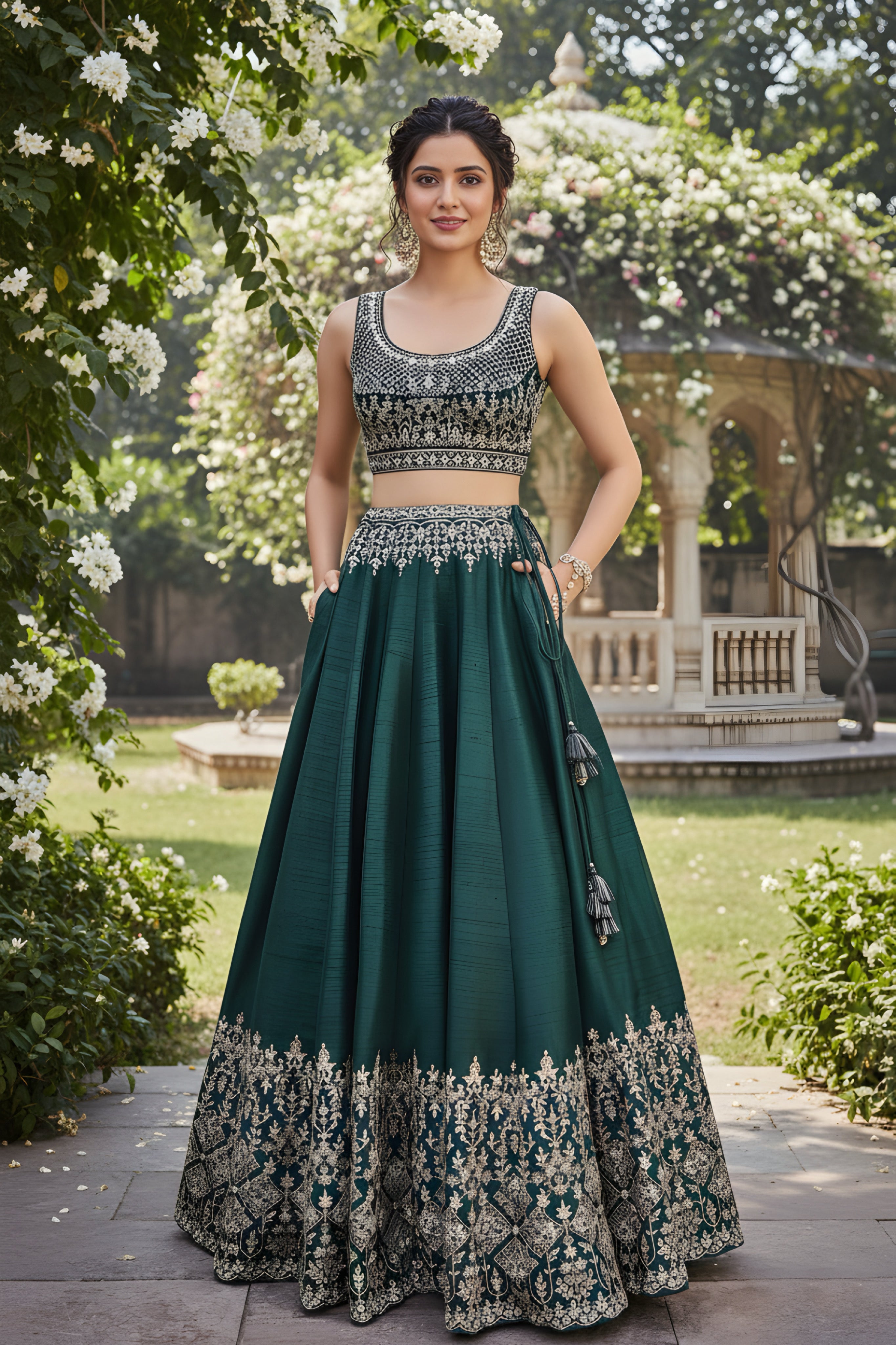 Elegant Dark Green Tapeta Silk Embroidery Designer Mehendi Wear Lehenga Choli With Dupatta