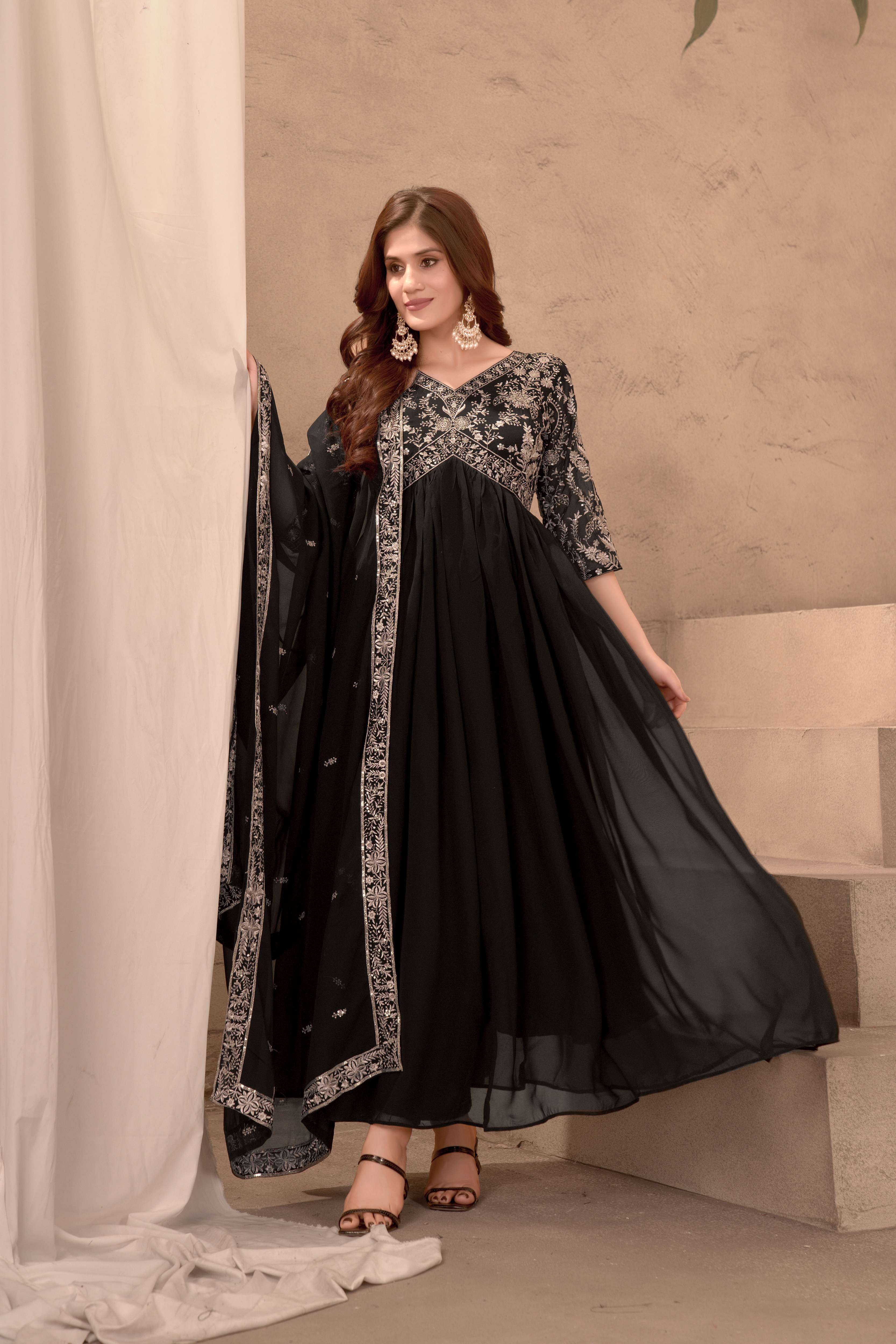 Impressive Black Georgette Embroidery Sequence Designer Party Wear Gown Pant With Dupatta