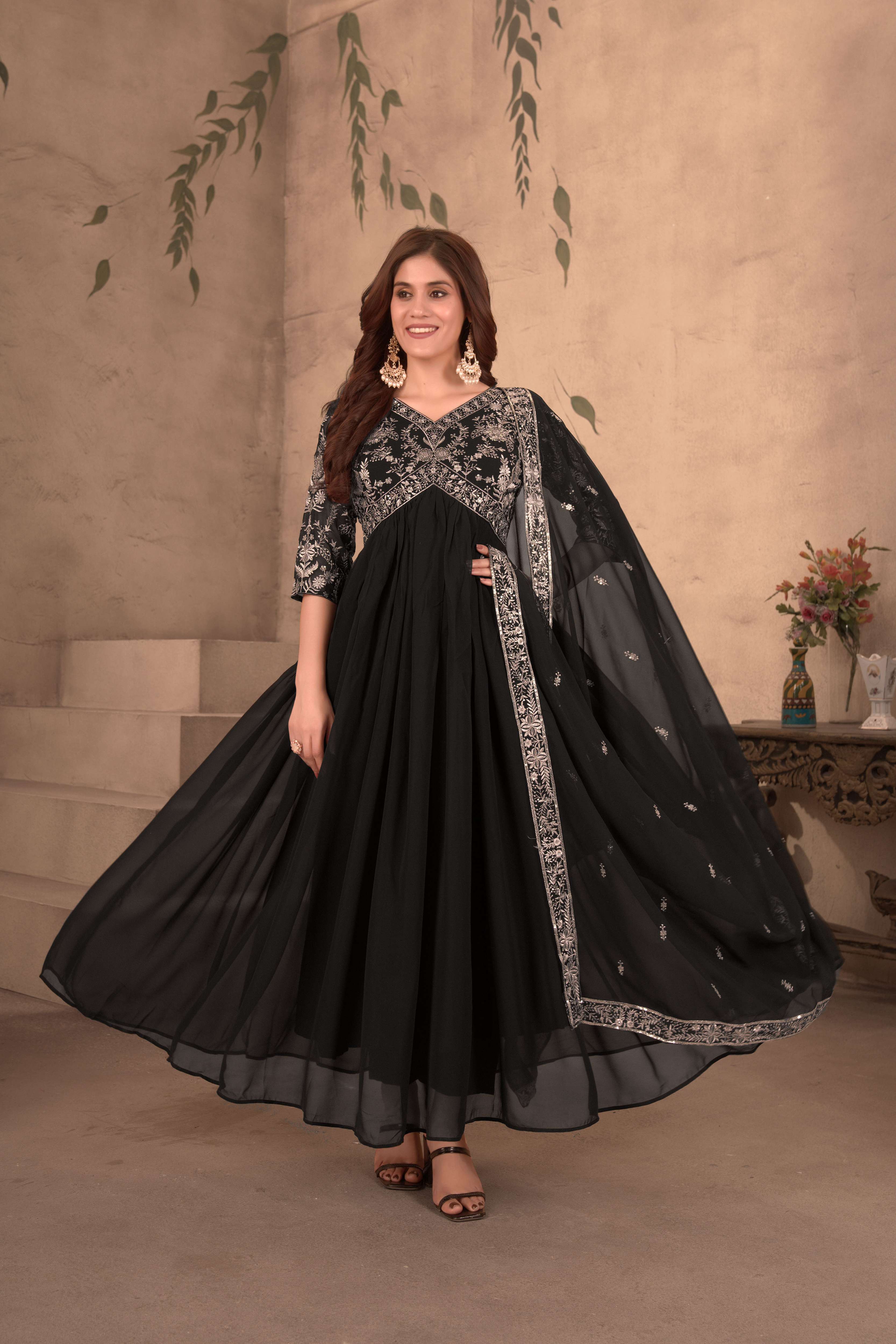 Impressive Black Georgette Embroidery Sequence Designer Party Wear Gown Pant With Dupatta