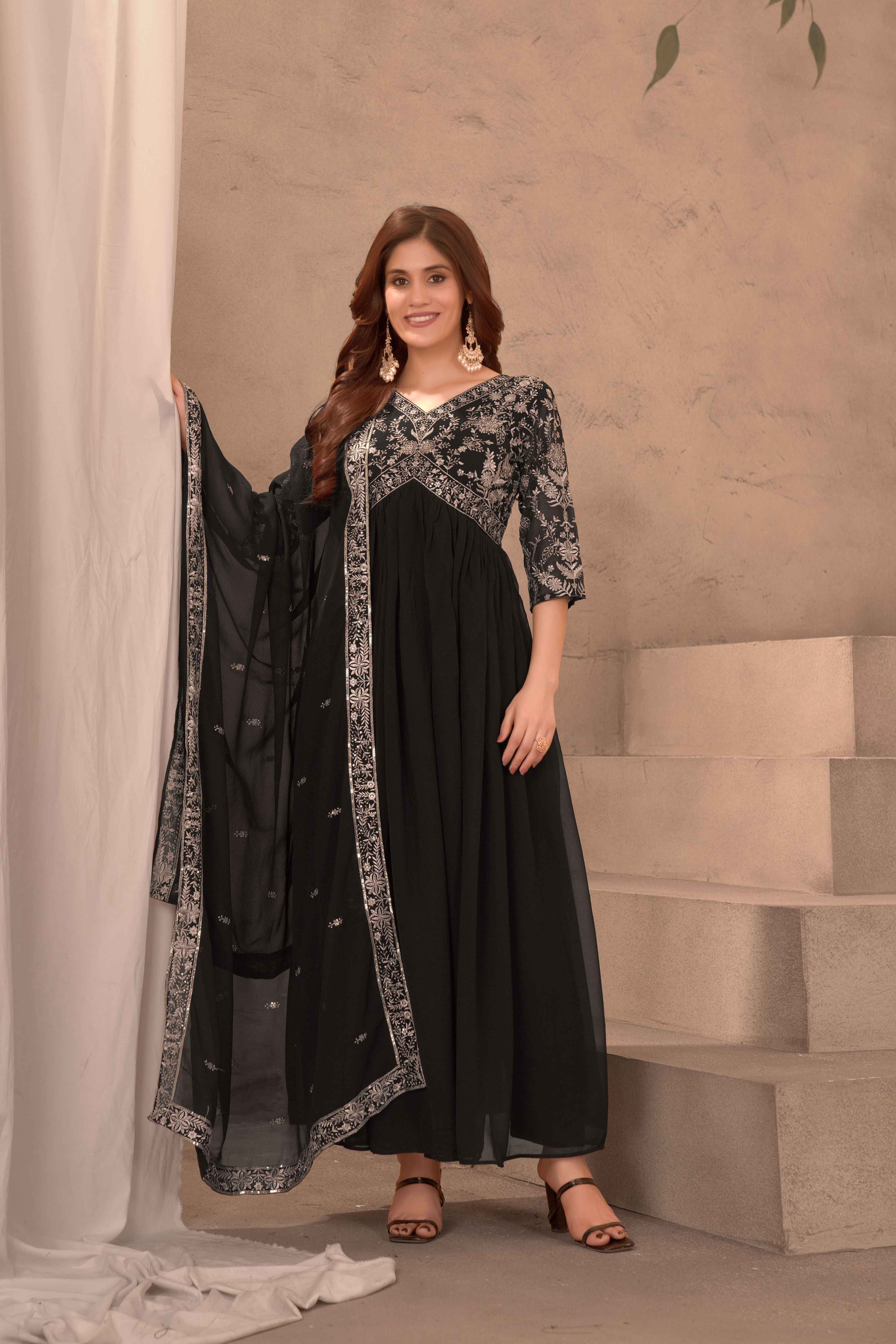 Impressive Black Georgette Embroidery Sequence Designer Party Wear Gown Pant With Dupatta