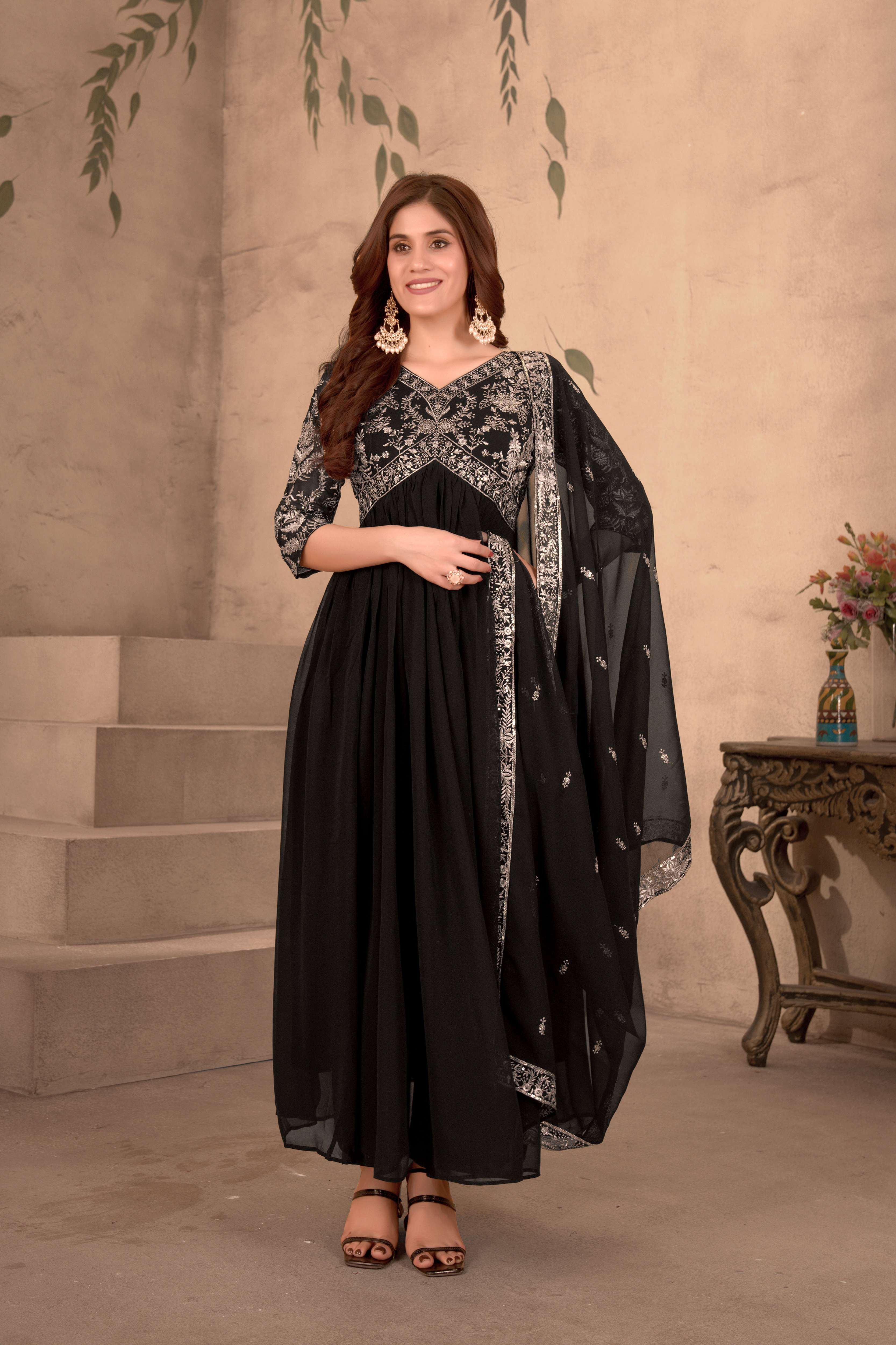 Impressive Black Georgette Embroidery Sequence Designer Party Wear Gown Pant With Dupatta