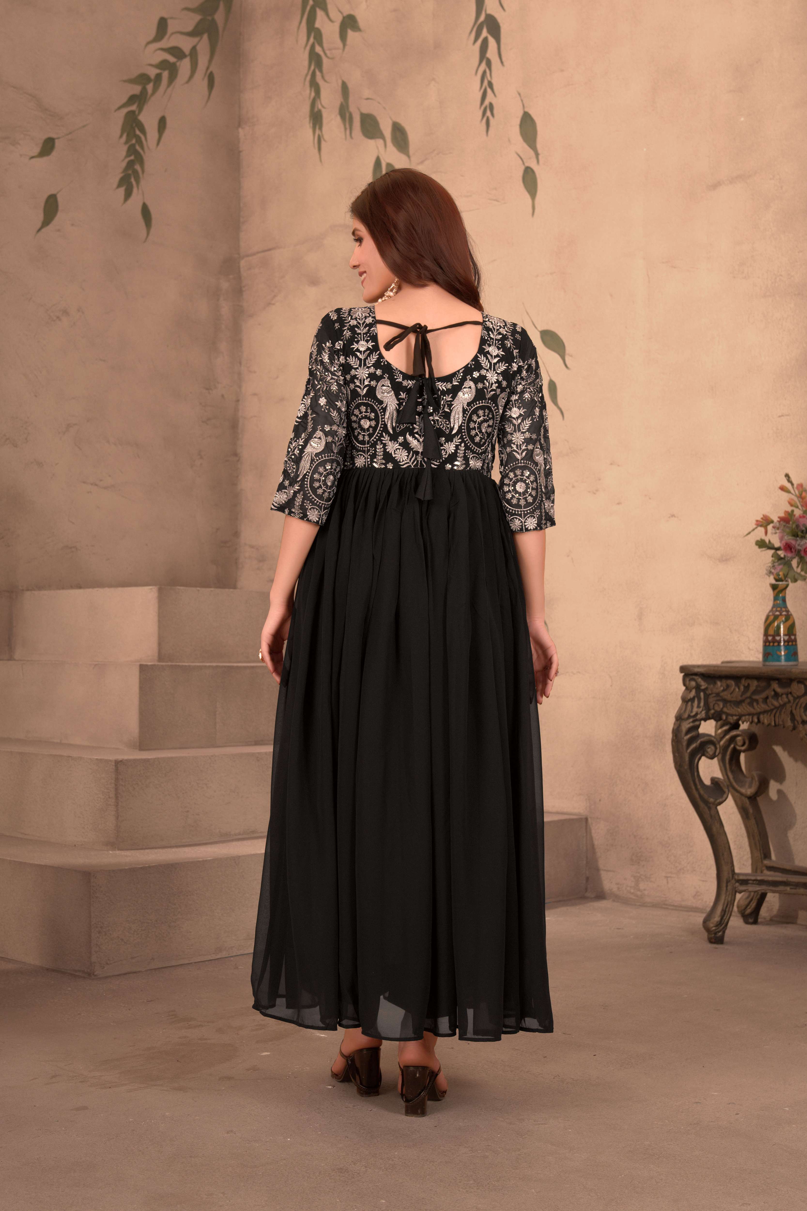 Impressive Black Georgette Embroidery Sequence Designer Party Wear Gown Pant With Dupatta