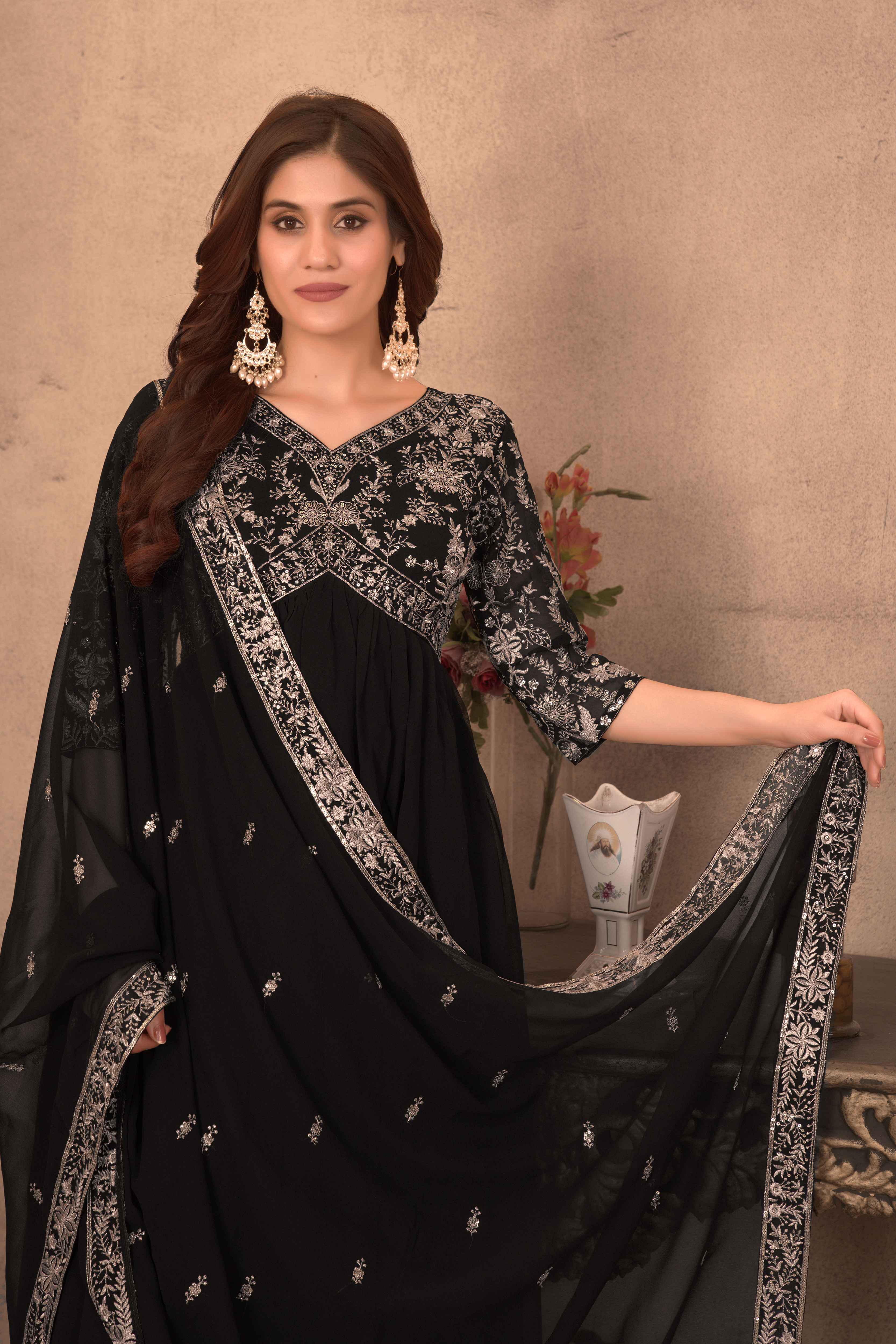 Impressive Black Georgette Embroidery Sequence Designer Party Wear Gown Pant With Dupatta