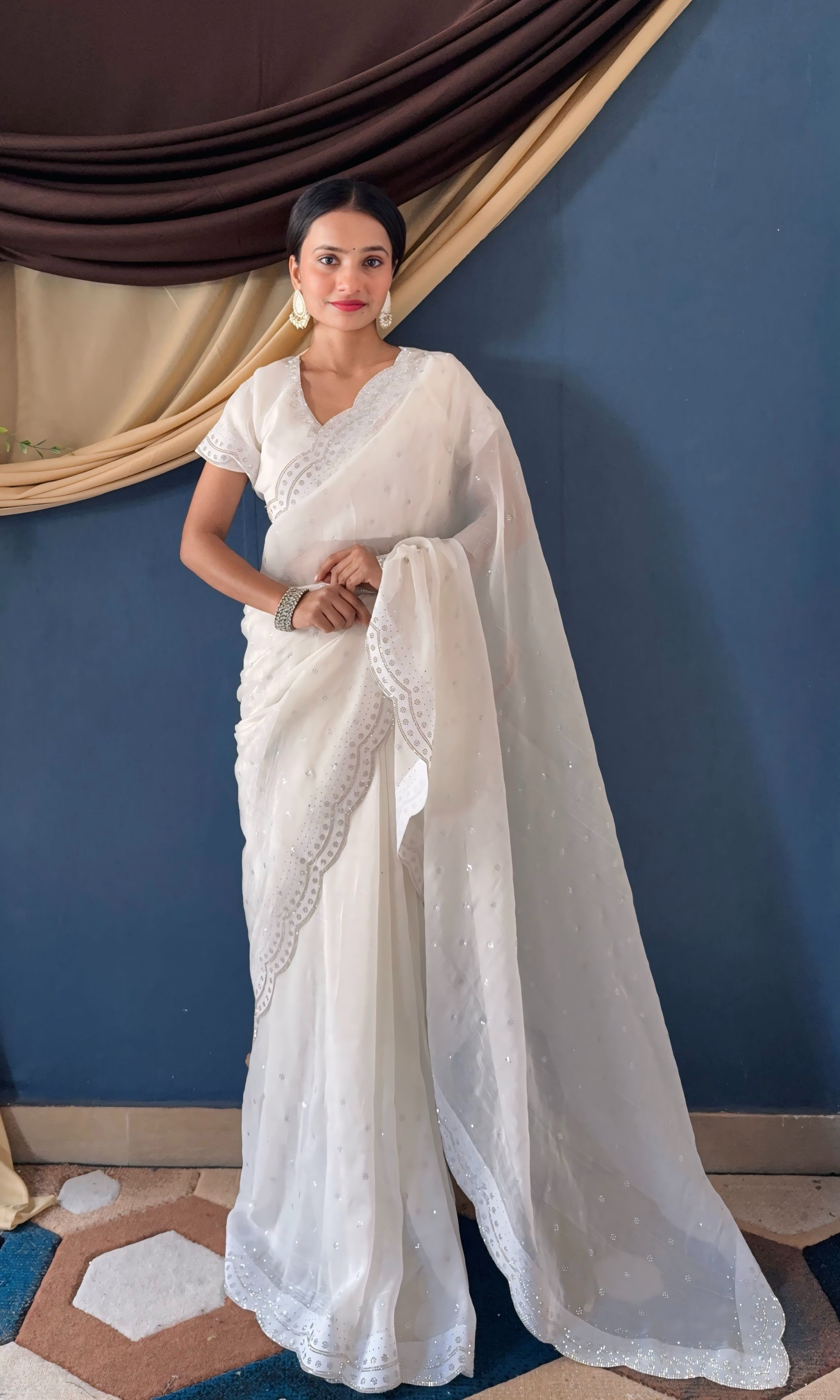 Charming White Crunchy Zarkhan Diamond Work Designer Casual Wear Saree With Blouse