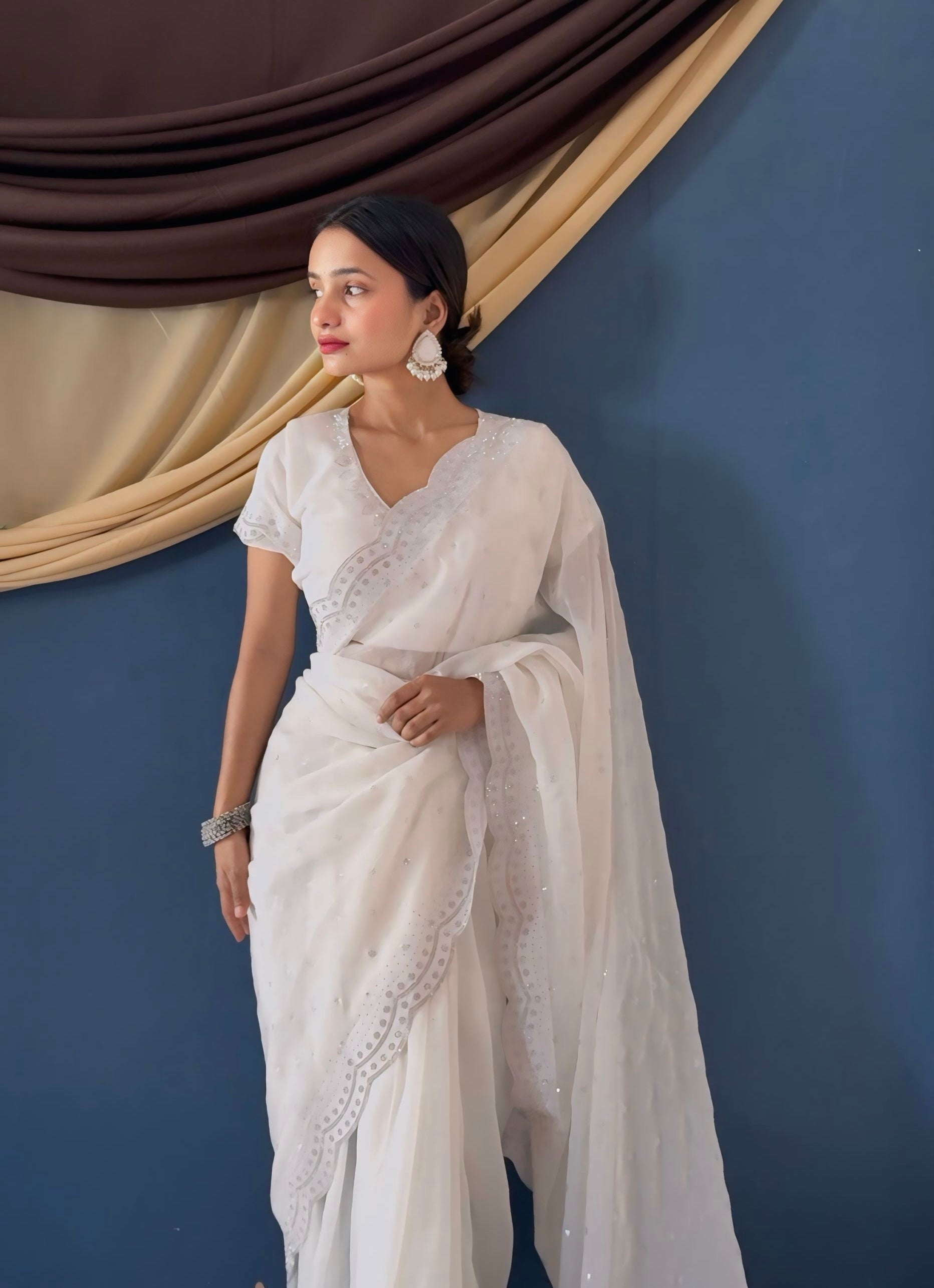 Charming White Crunchy Zarkhan Diamond Work Designer Casual Wear Saree With Blouse