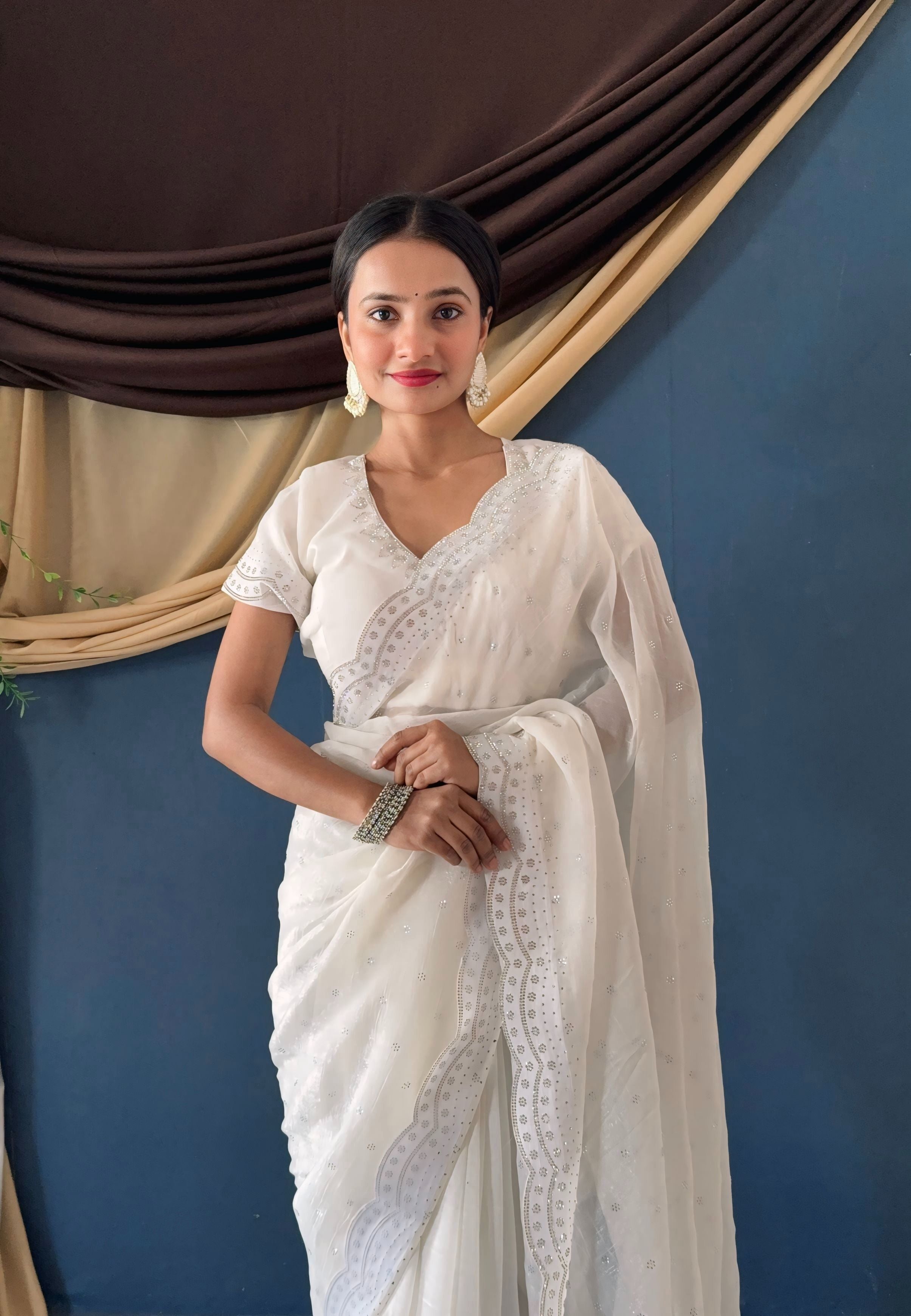 Charming White Crunchy Zarkhan Diamond Work Designer Casual Wear Saree With Blouse