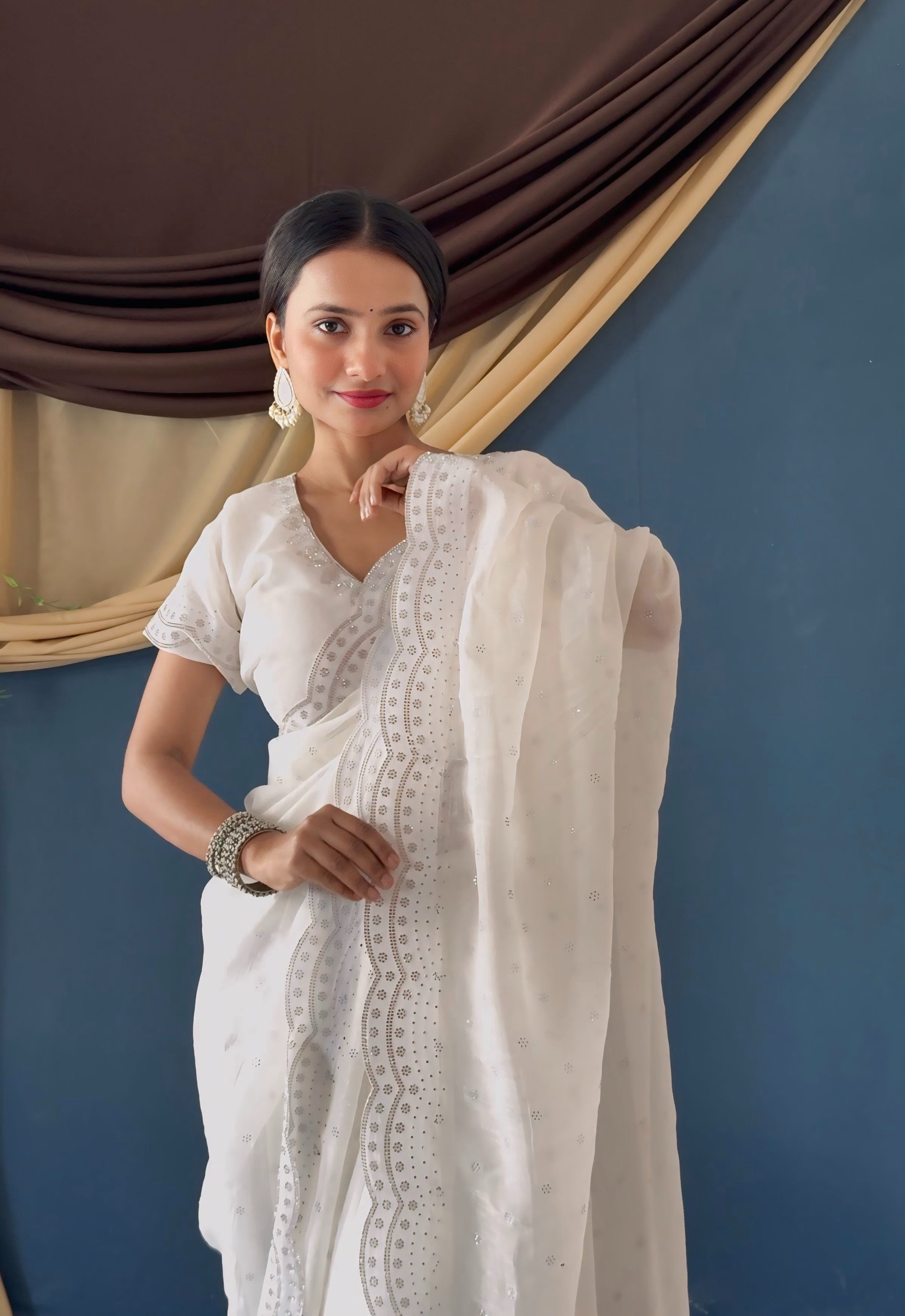 Charming White Crunchy Zarkhan Diamond Work Designer Casual Wear Saree With Blouse