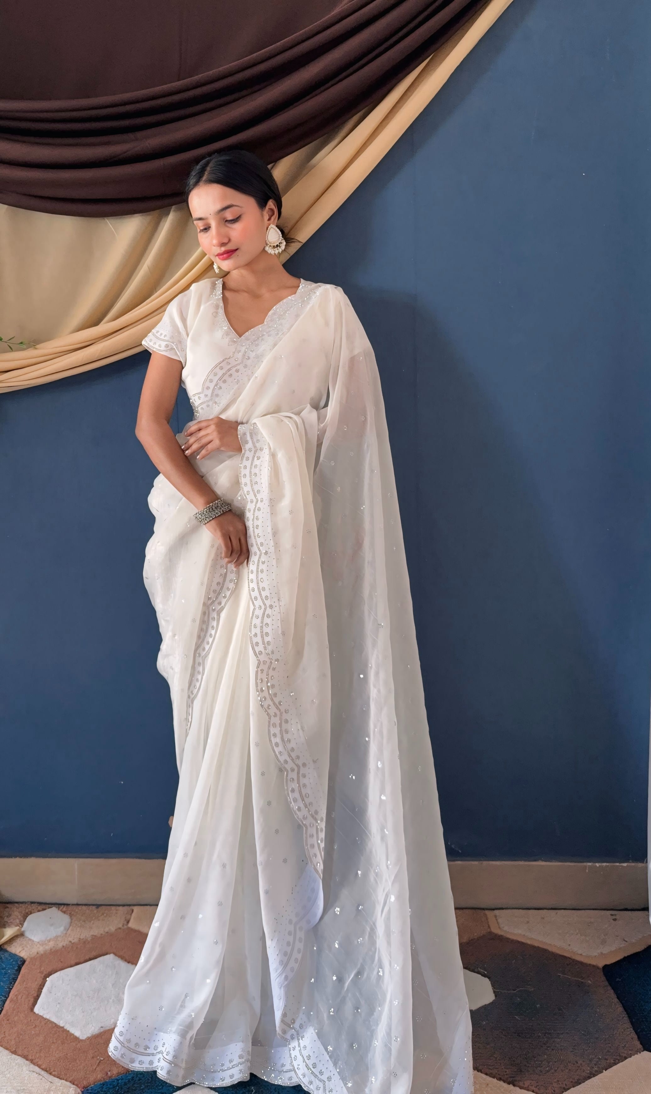 Charming White Crunchy Zarkhan Diamond Work Designer Casual Wear Saree With Blouse