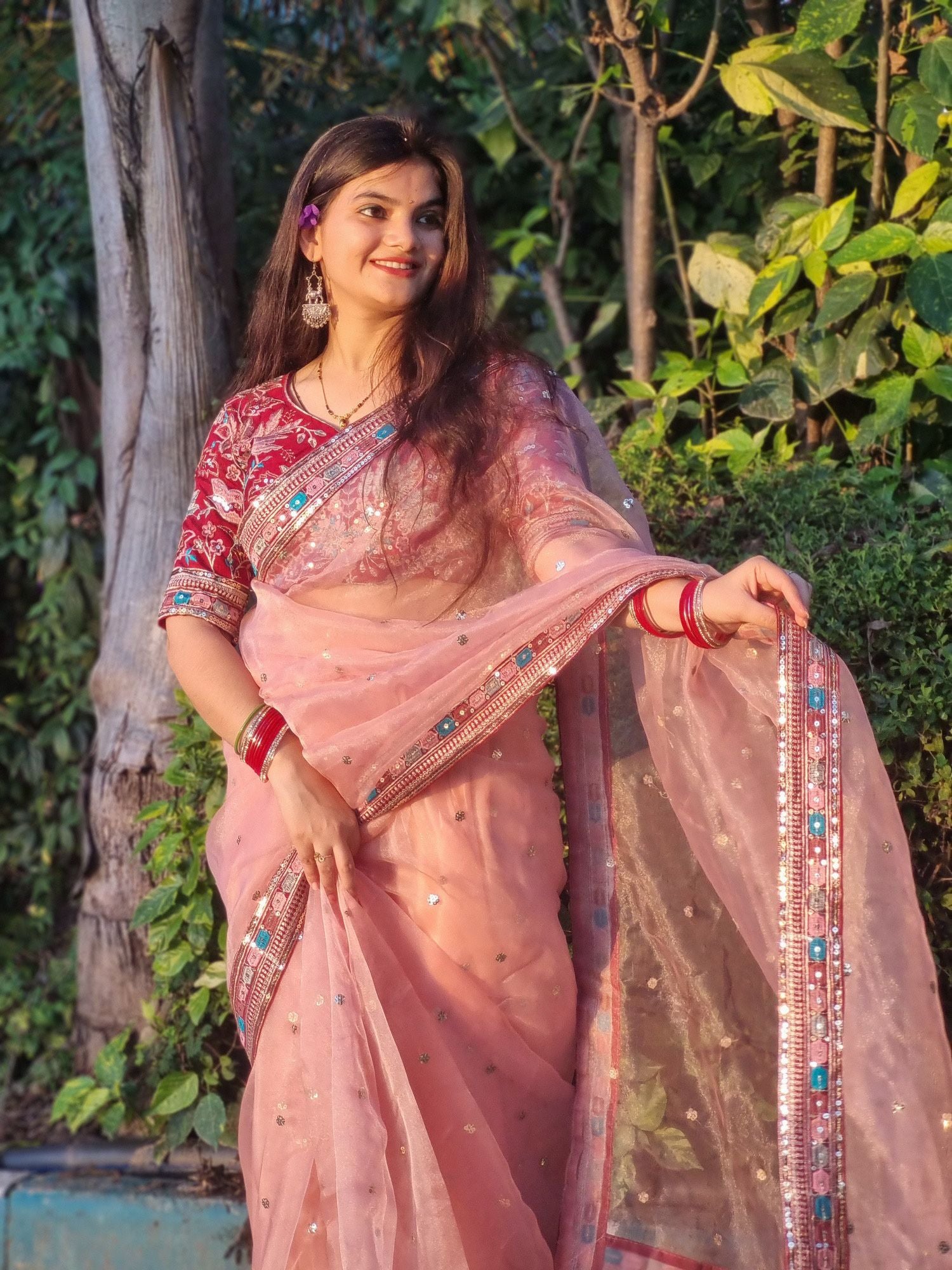 Timeless Soft Pink Organza Silk Embroidery Lace Work Wedding Wear Saree With Blouse