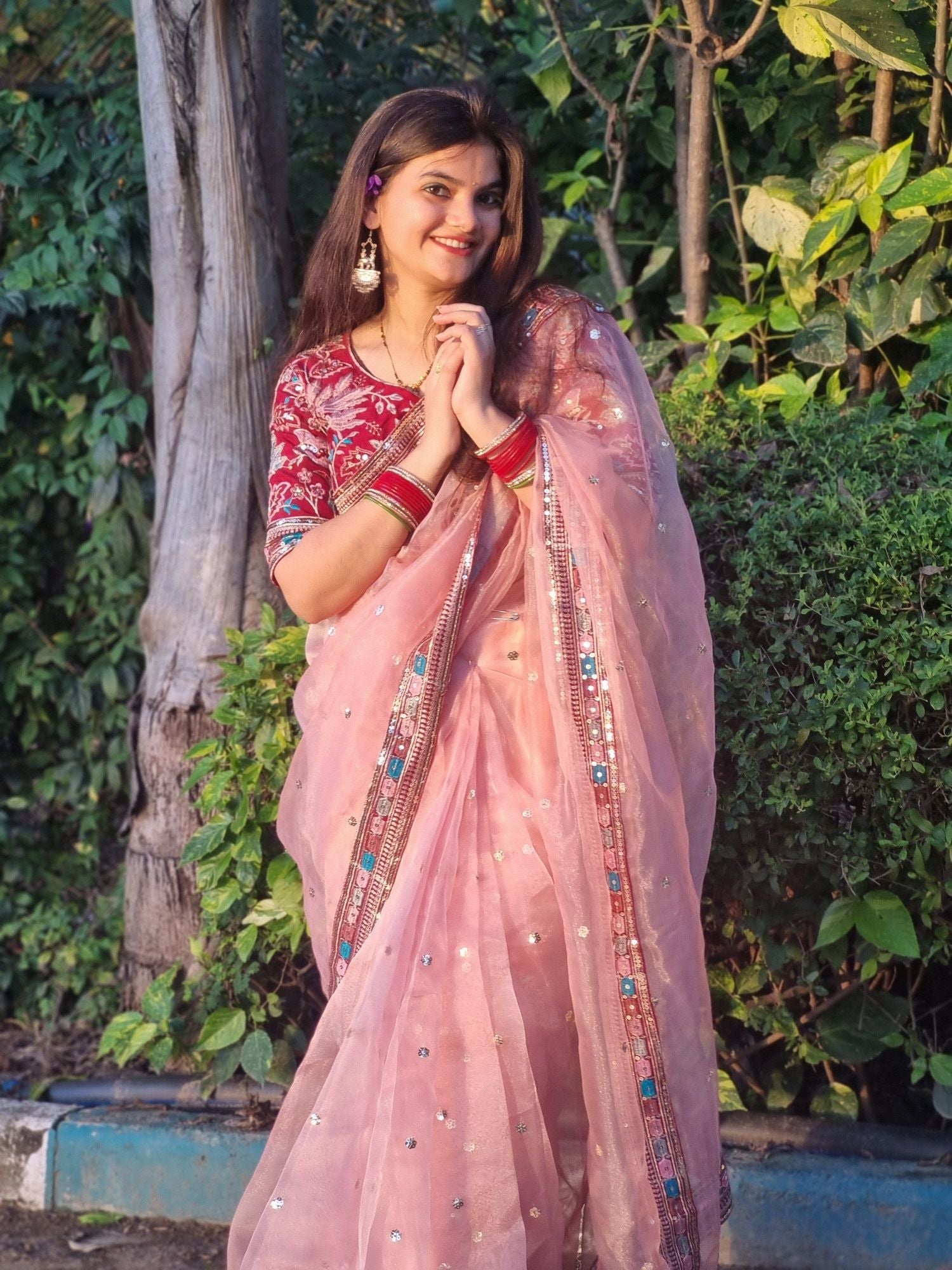 Timeless Soft Pink Organza Silk Embroidery Lace Work Wedding Wear Saree With Blouse
