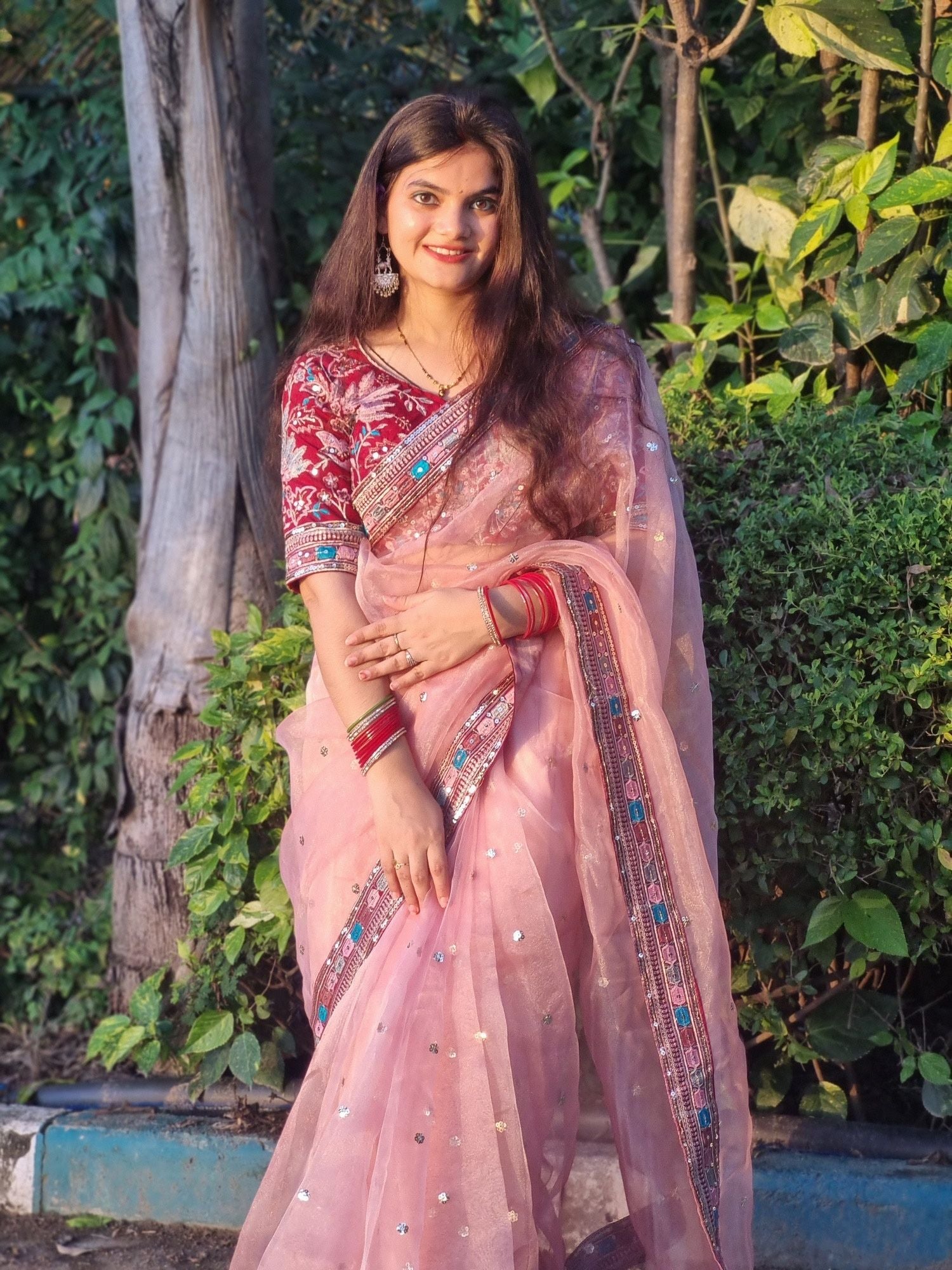 Timeless Soft Pink Organza Silk Embroidery Lace Work Wedding Wear Saree With Blouse