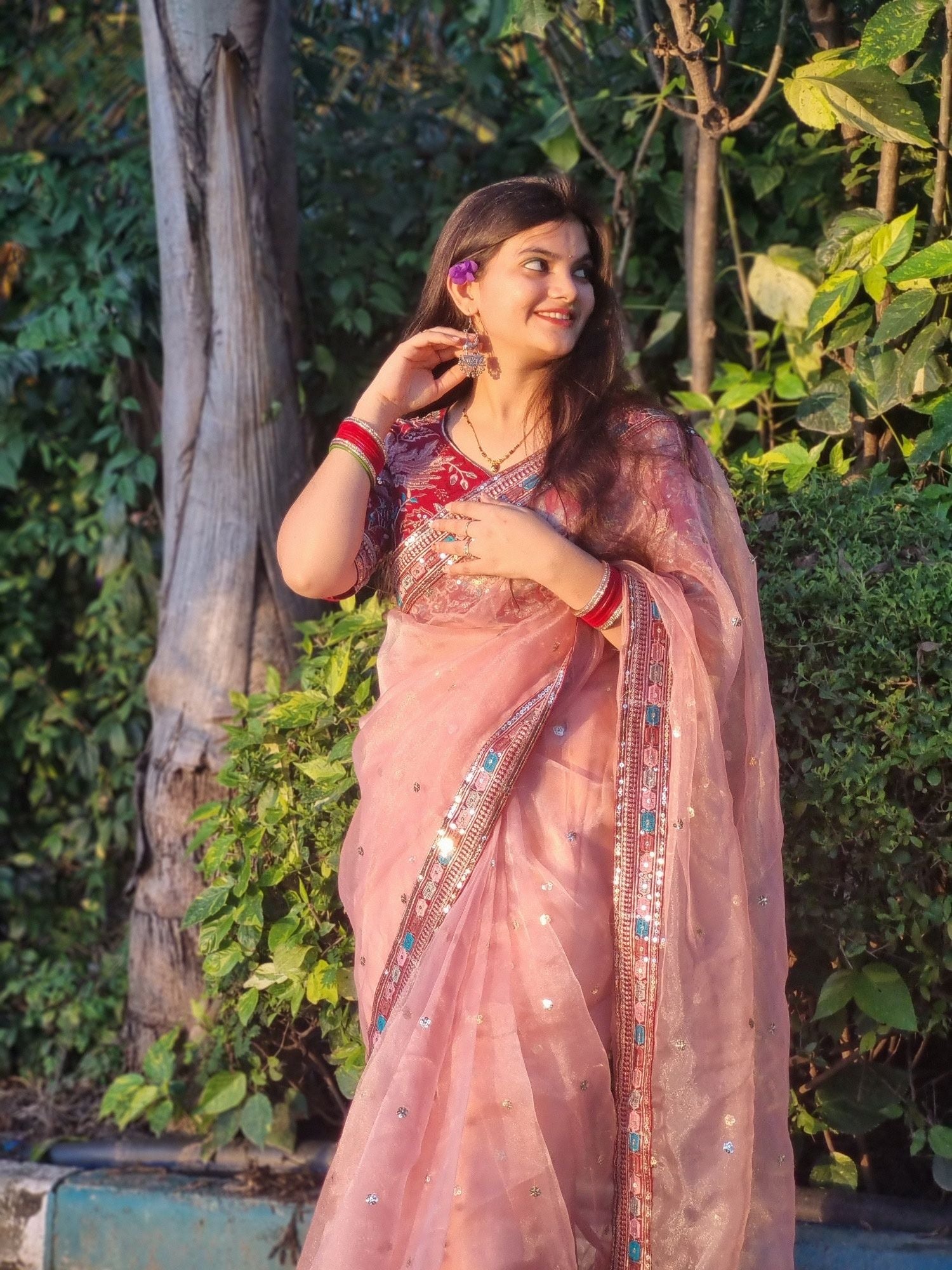 Timeless Soft Pink Organza Silk Embroidery Lace Work Wedding Wear Saree With Blouse