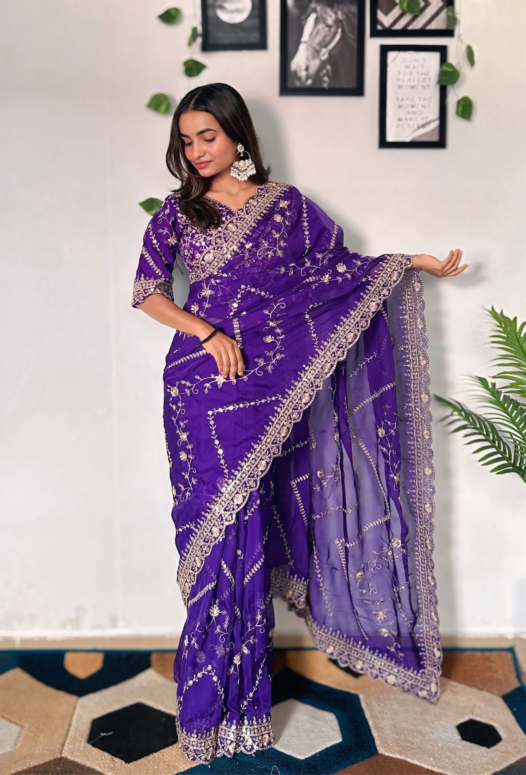 Majestic Purple Tabby Organza Silk C Pallu Wedding Wear Saree With Embroidery Sequnce Blouse