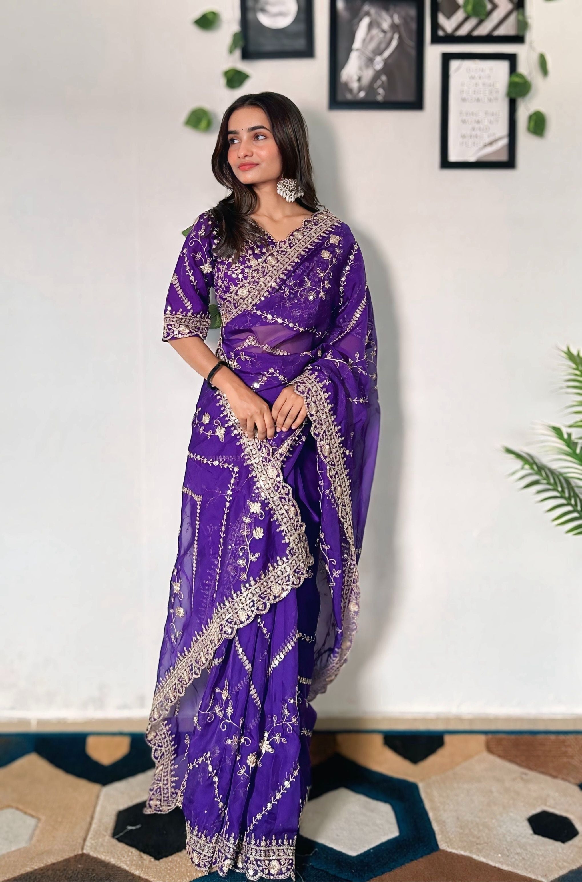 Majestic Purple Tabby Organza Silk C Pallu Wedding Wear Saree With Embroidery Sequnce Blouse
