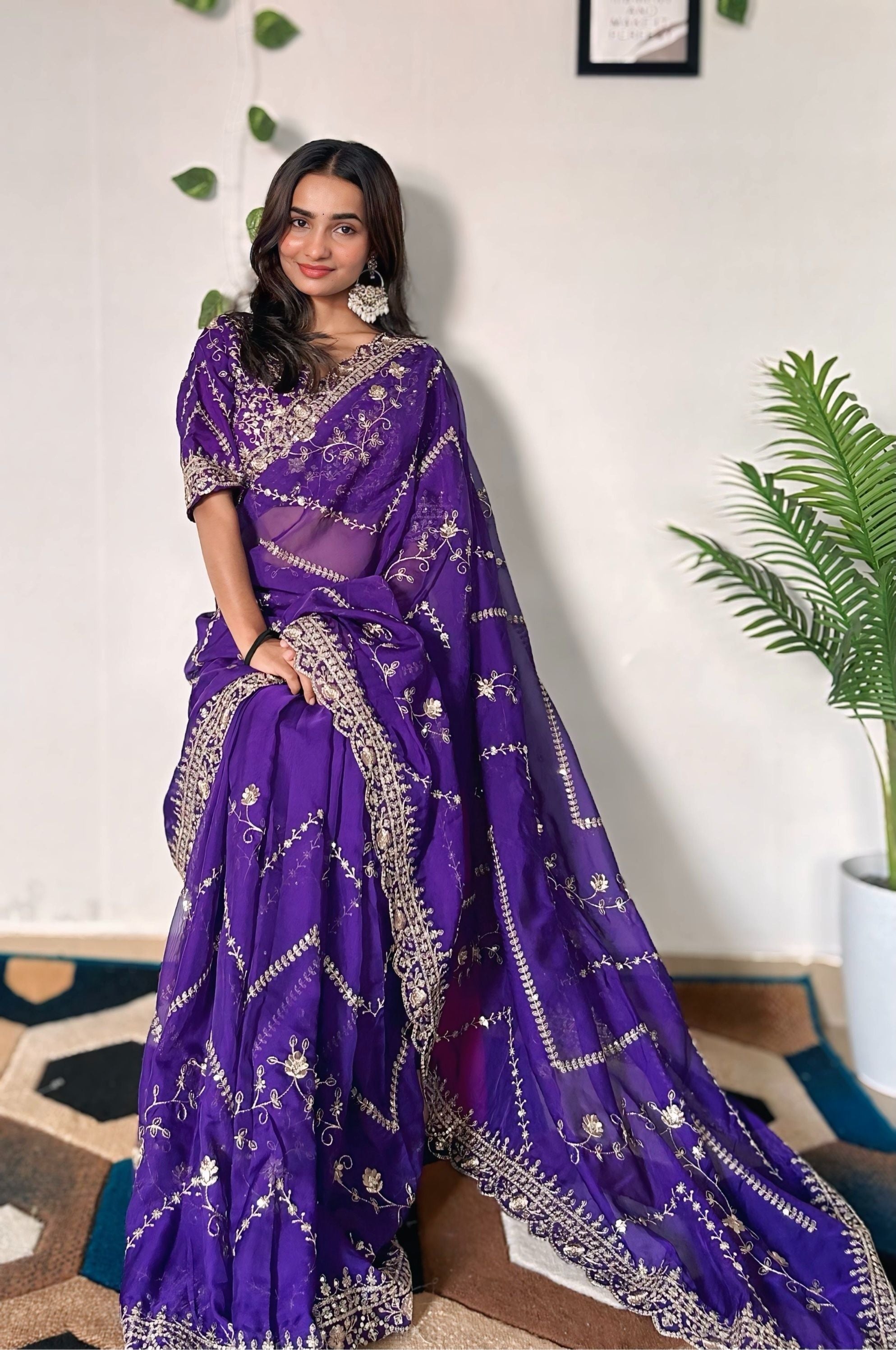 Majestic Purple Tabby Organza Silk C Pallu Wedding Wear Saree With Embroidery Sequnce Blouse