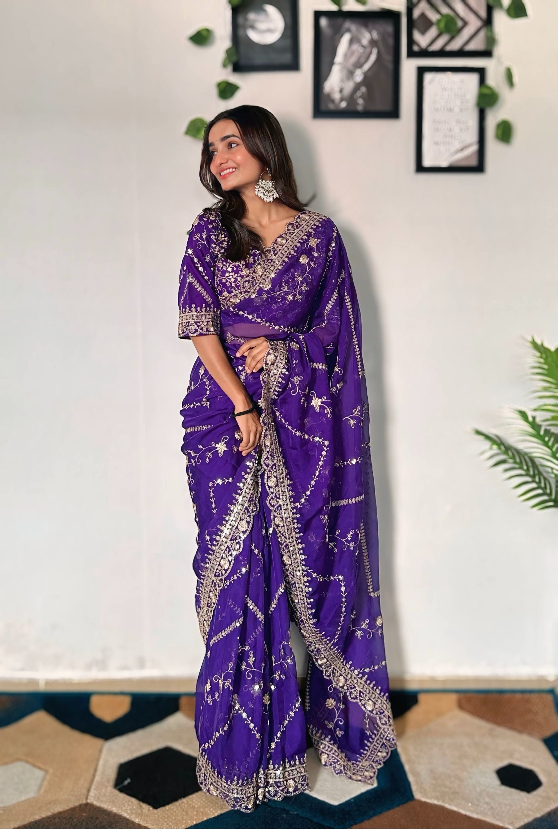 Majestic Purple Tabby Organza Silk C Pallu Wedding Wear Saree With Embroidery Sequnce Blouse