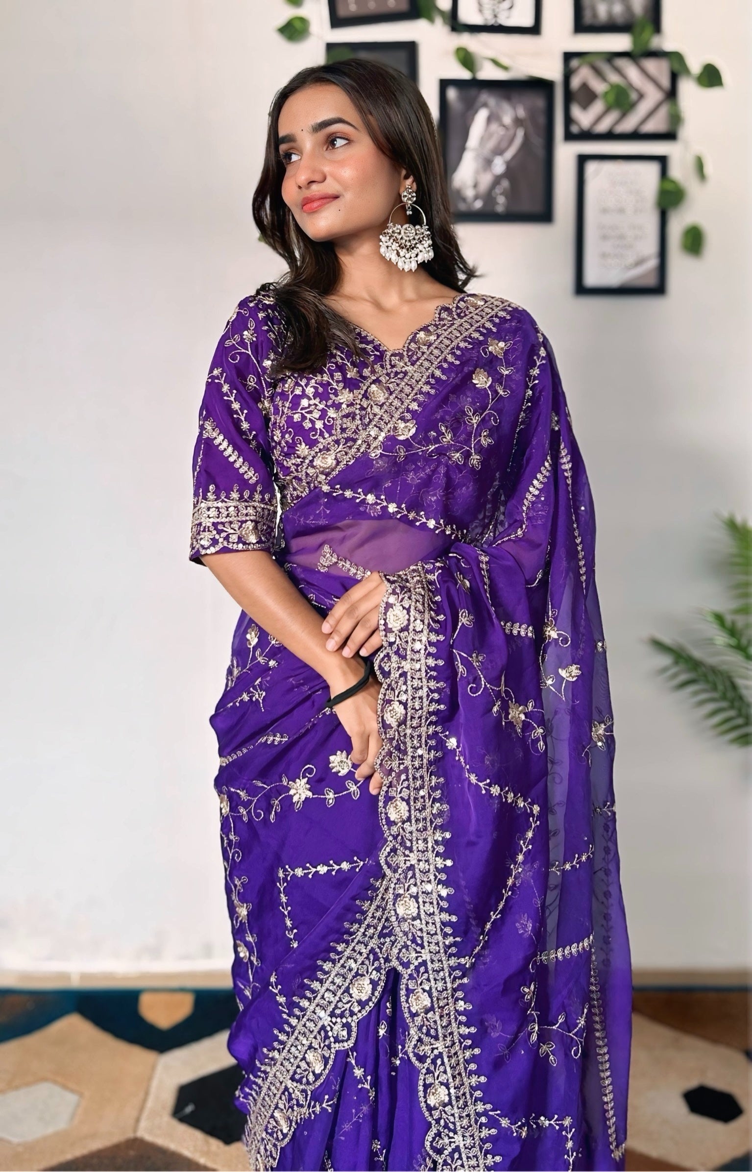 Majestic Purple Tabby Organza Silk C Pallu Wedding Wear Saree With Embroidery Sequnce Blouse