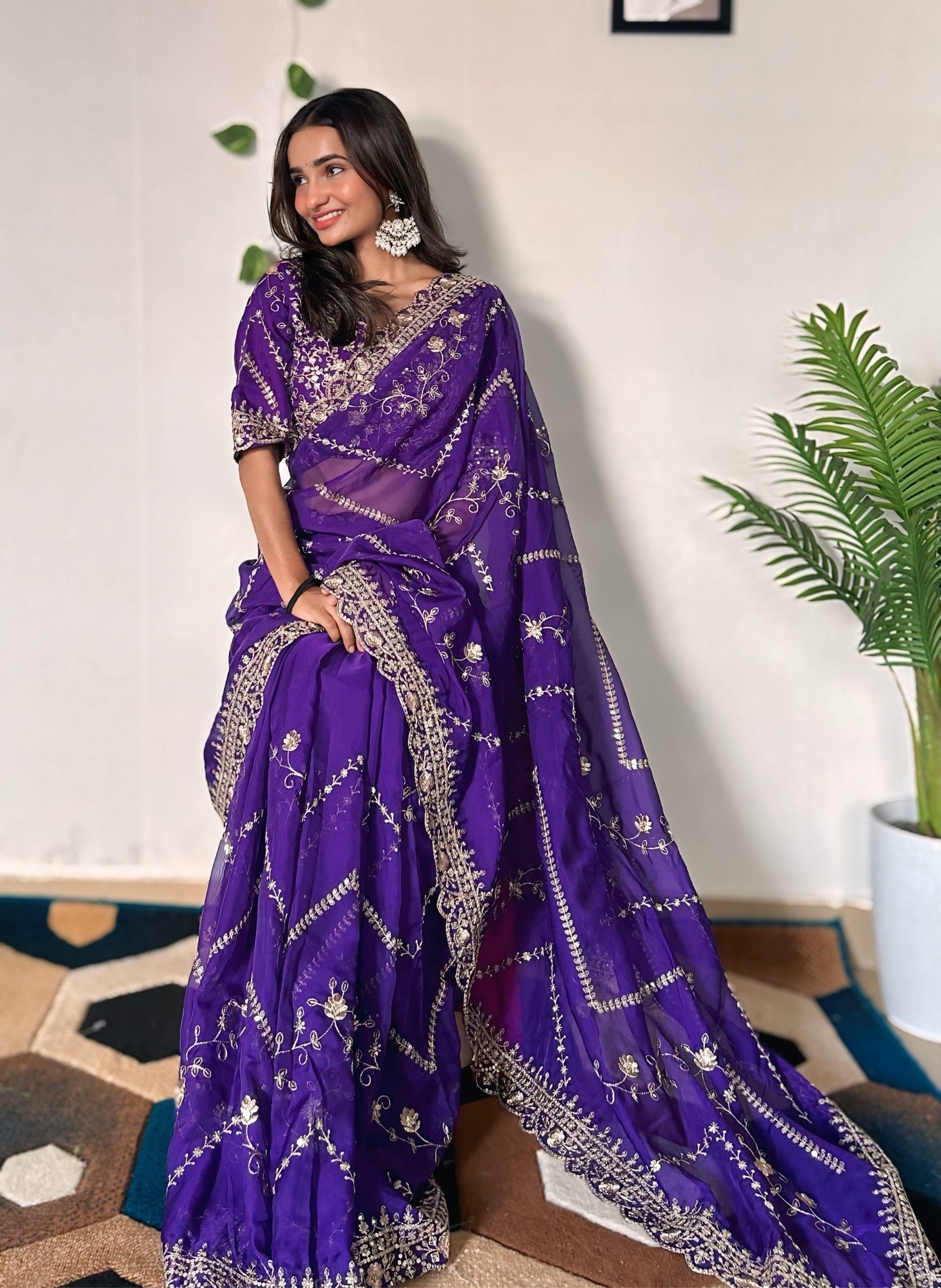 Majestic Purple Tabby Organza Silk C Pallu Wedding Wear Saree With Embroidery Sequnce Blouse