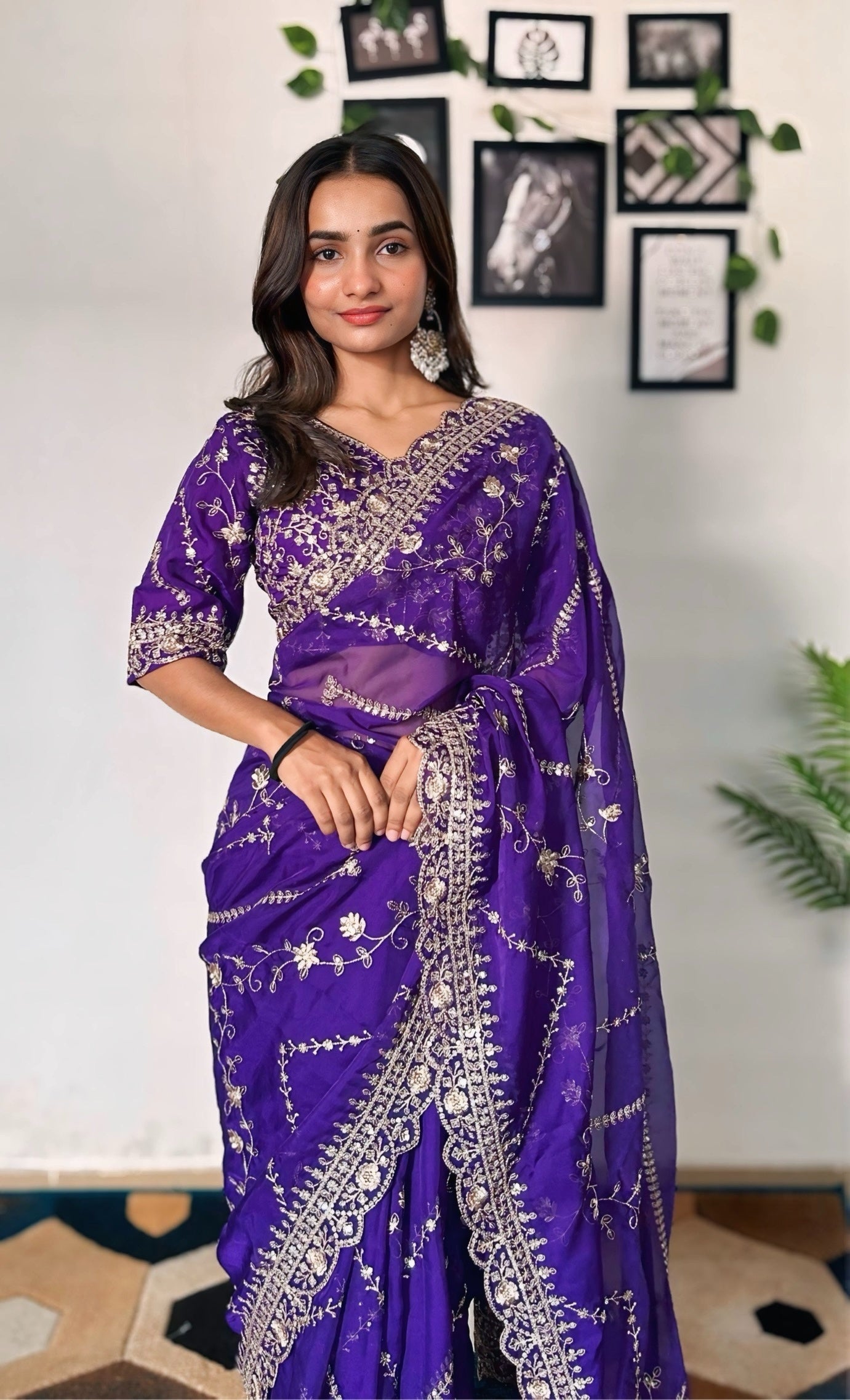 Majestic Purple Tabby Organza Silk C Pallu Wedding Wear Saree With Embroidery Sequnce Blouse