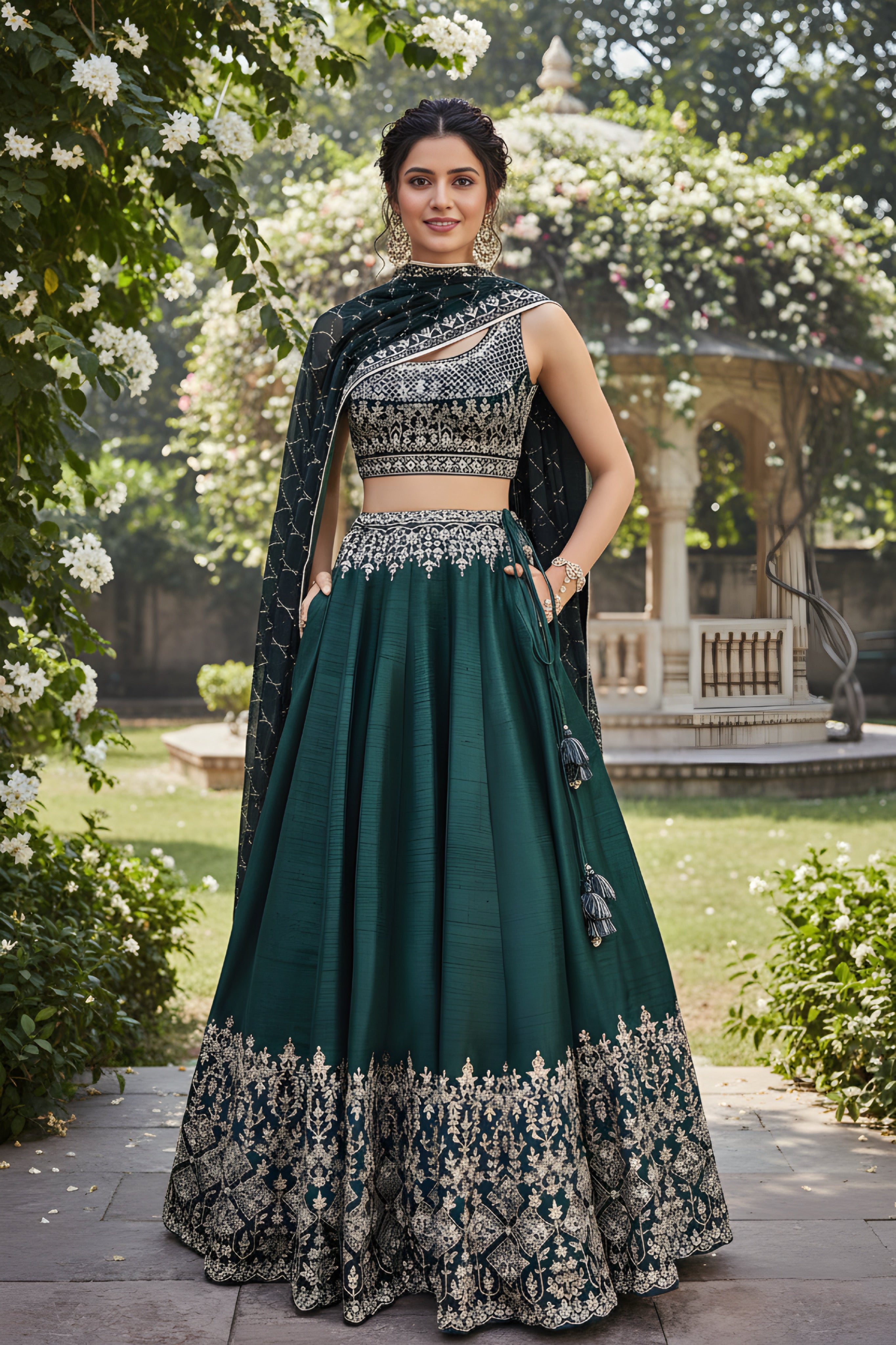 Elegant Dark Green Tapeta Silk Embroidery Designer Mehendi Wear Lehenga Choli With Dupatta