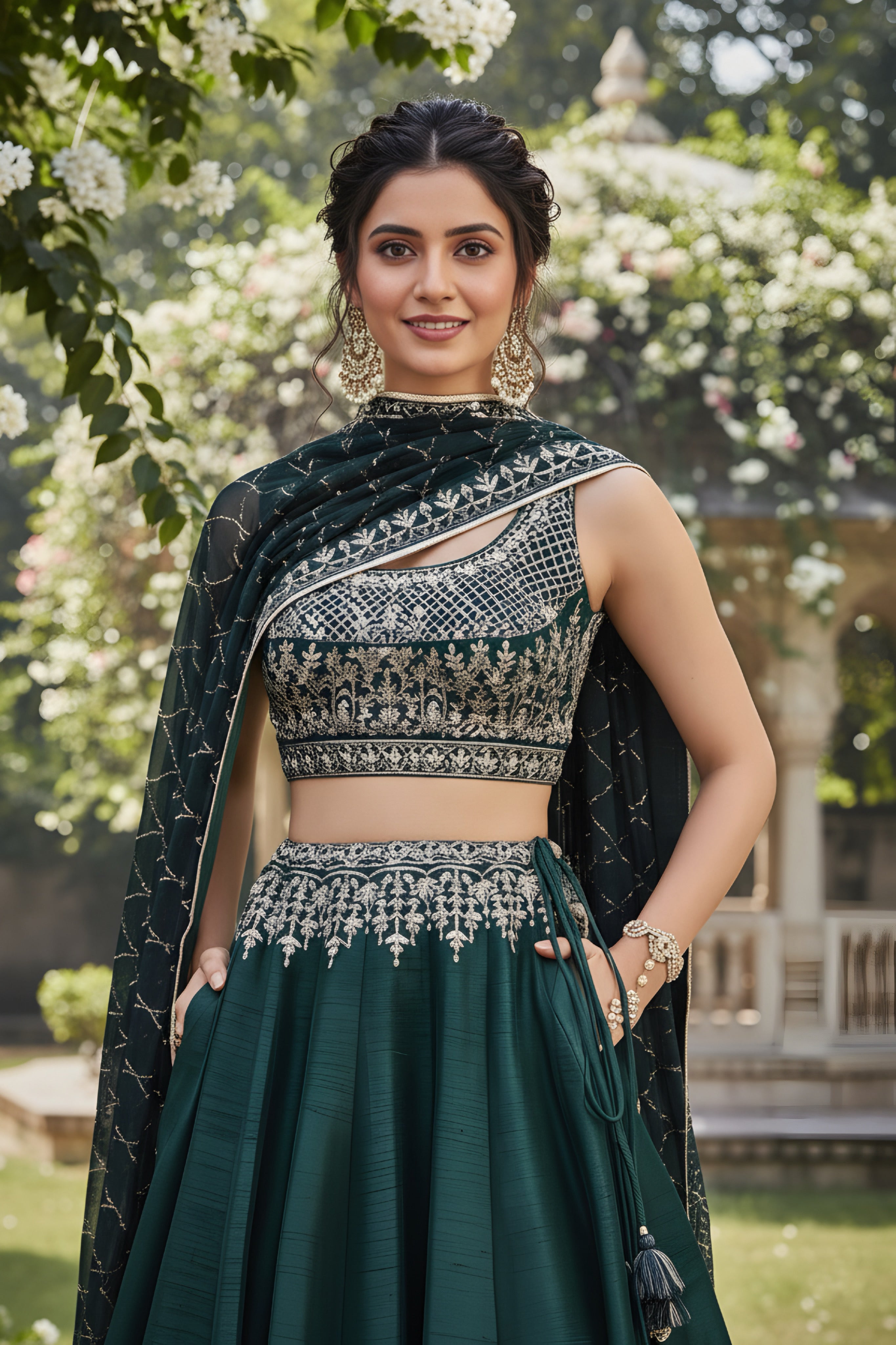 Elegant Dark Green Tapeta Silk Embroidery Designer Mehendi Wear Lehenga Choli With Dupatta