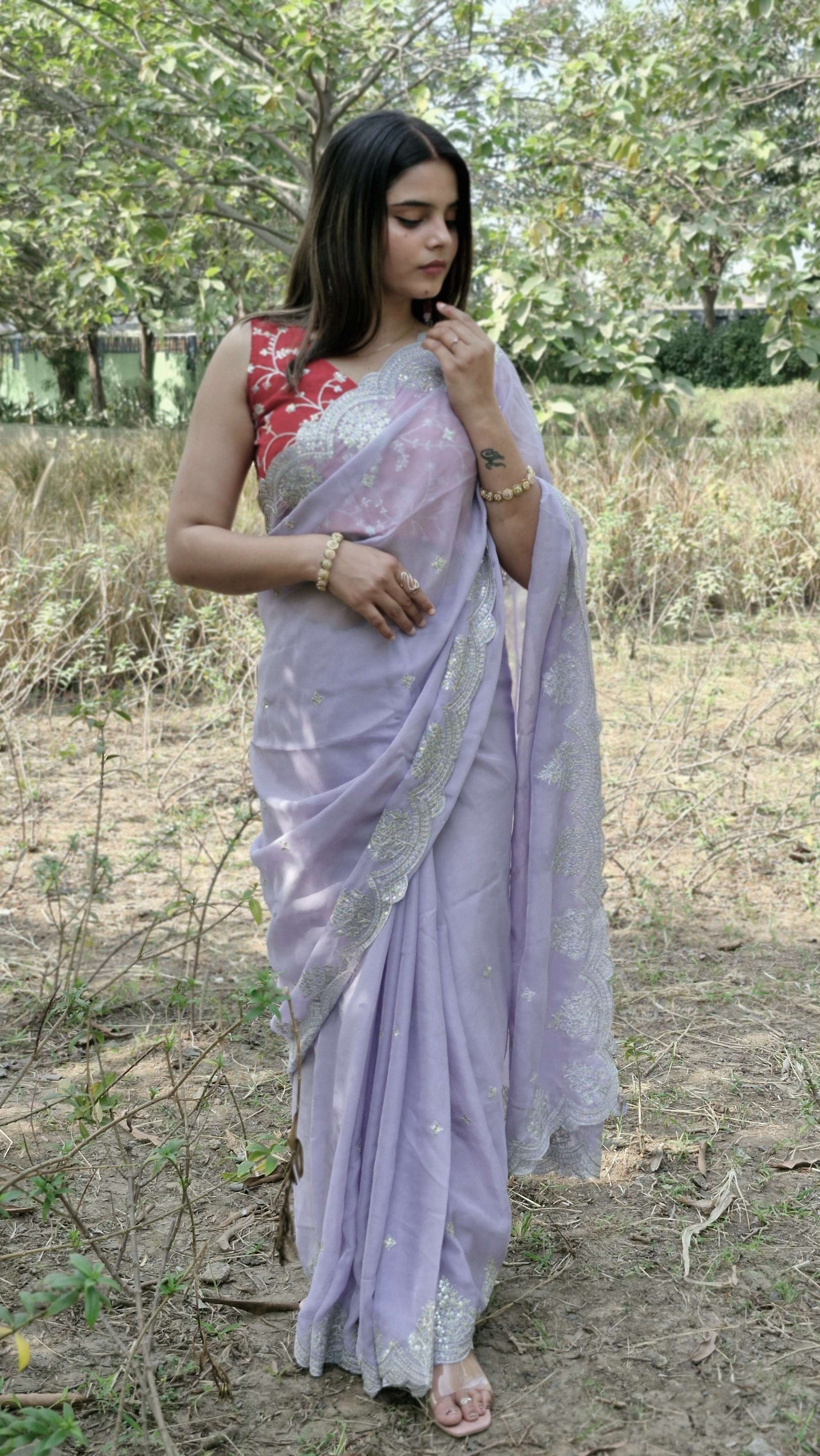 Glamorous Lavender Tabby Organza Silk Engagement Wear Saree With Blouse