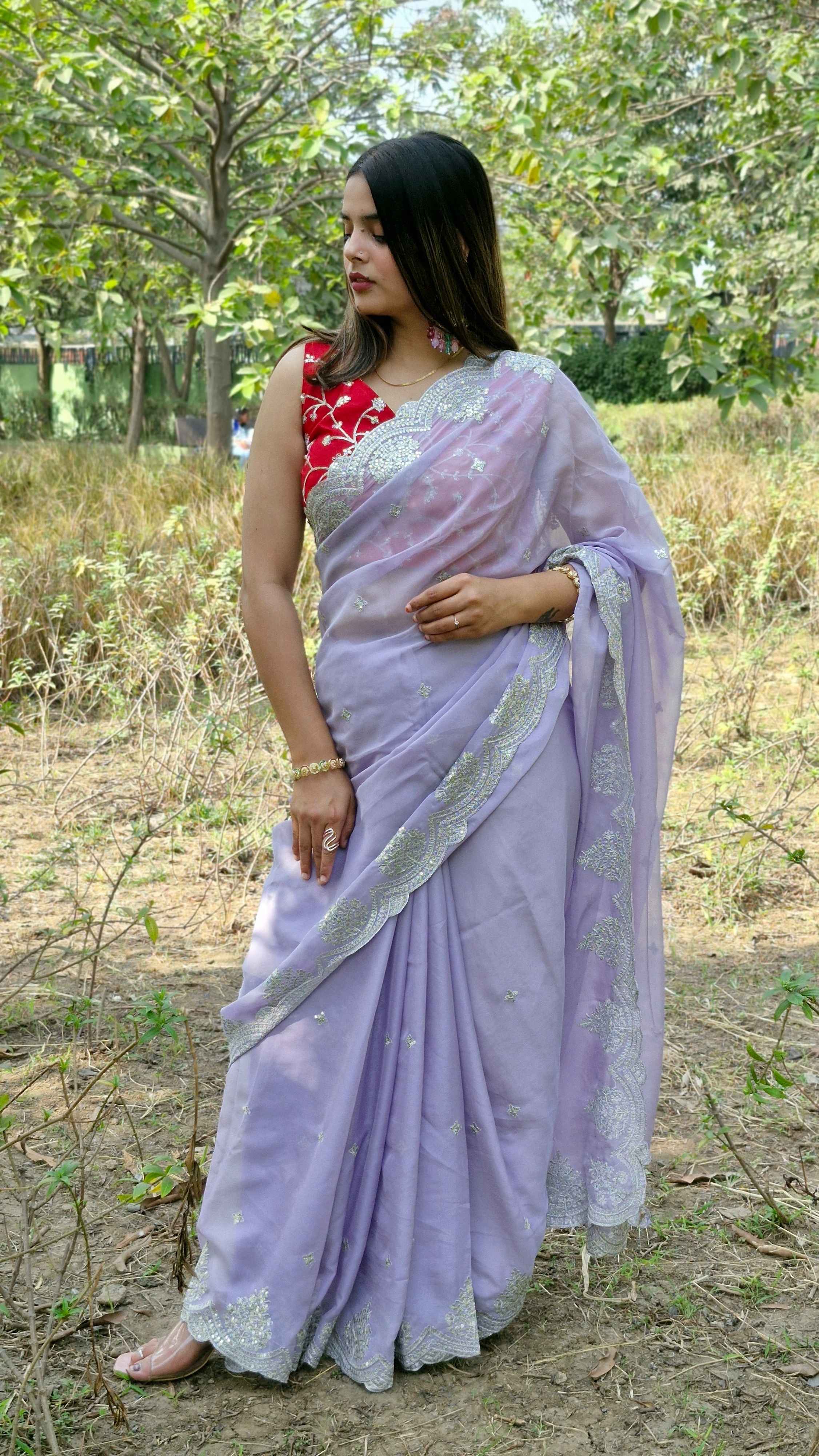 Glamorous Lavender Tabby Organza Silk Engagement Wear Saree With Blouse