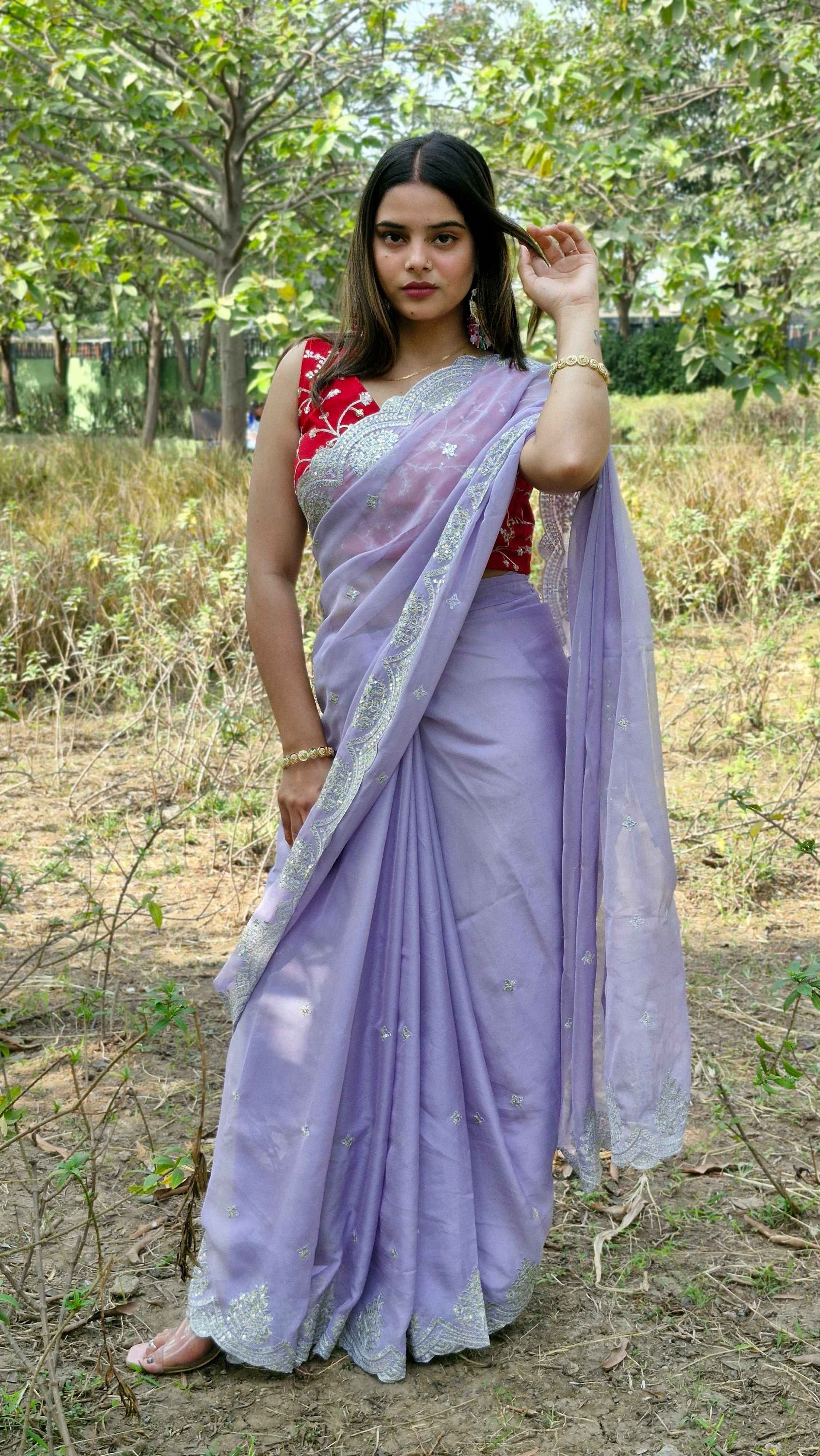 Glamorous Lavender Tabby Organza Silk Engagement Wear Saree With Blouse
