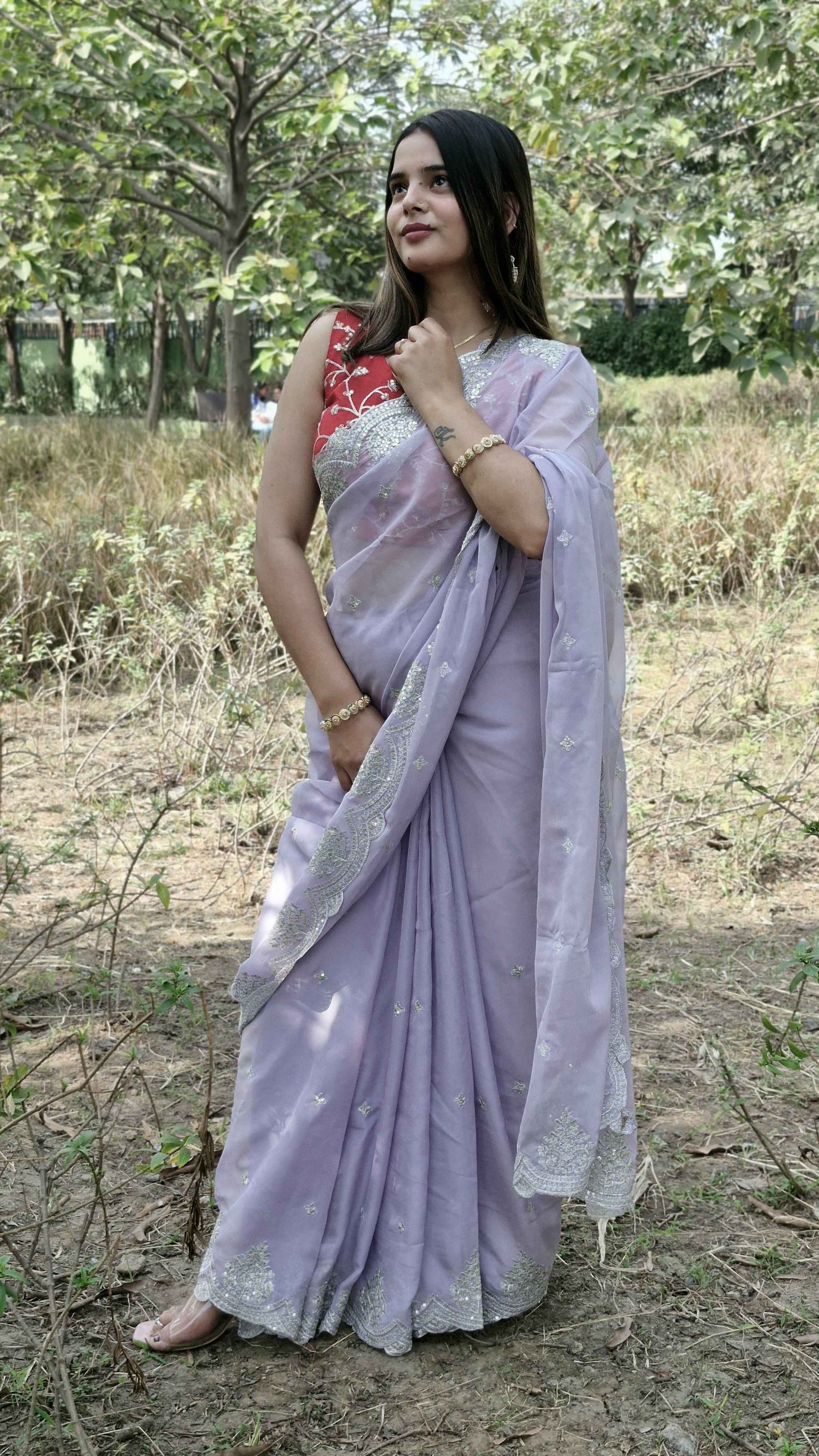 Glamorous Lavender Tabby Organza Silk Engagement Wear Saree With Blouse