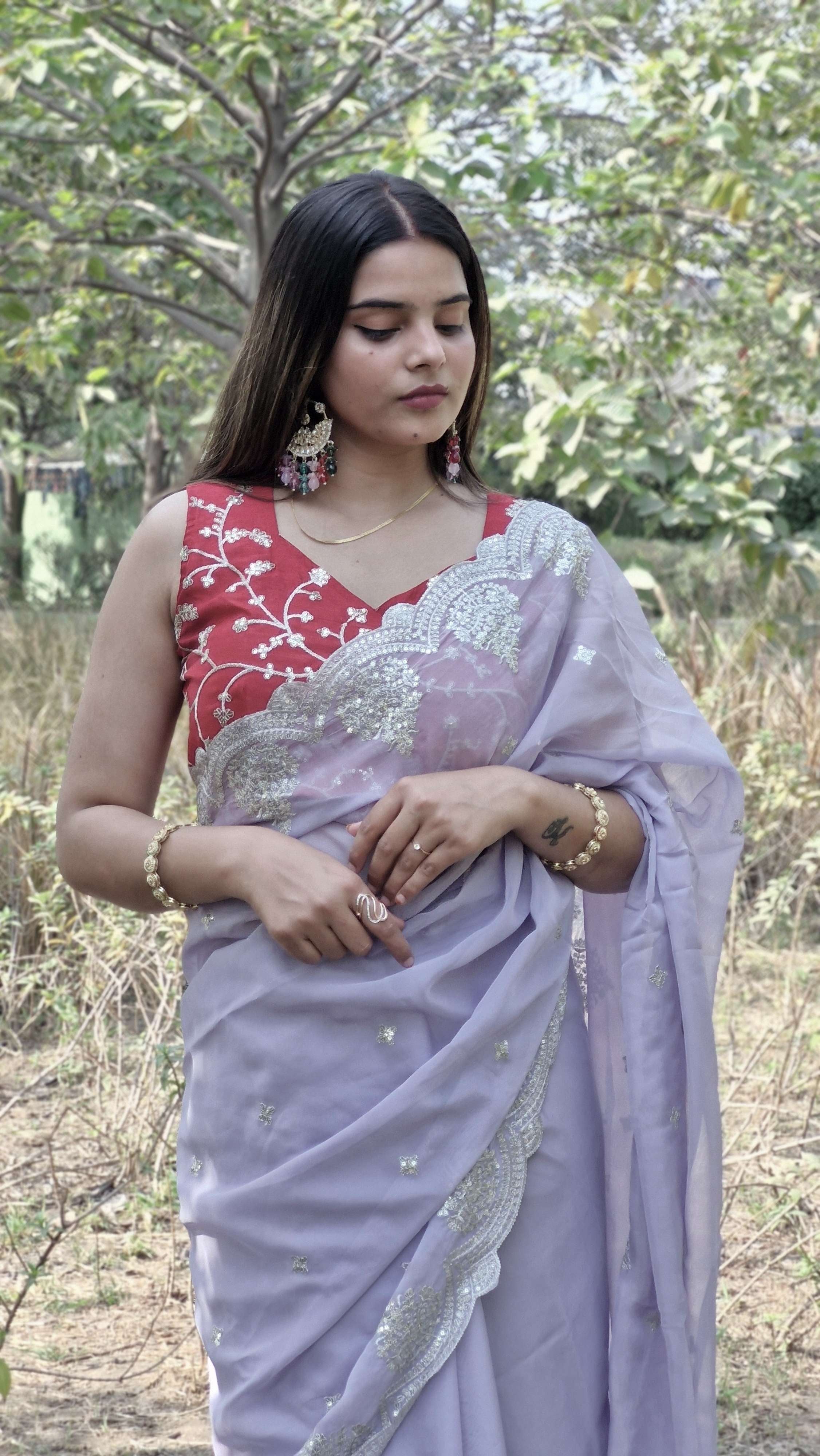 Glamorous Lavender Tabby Organza Silk Engagement Wear Saree With Blouse