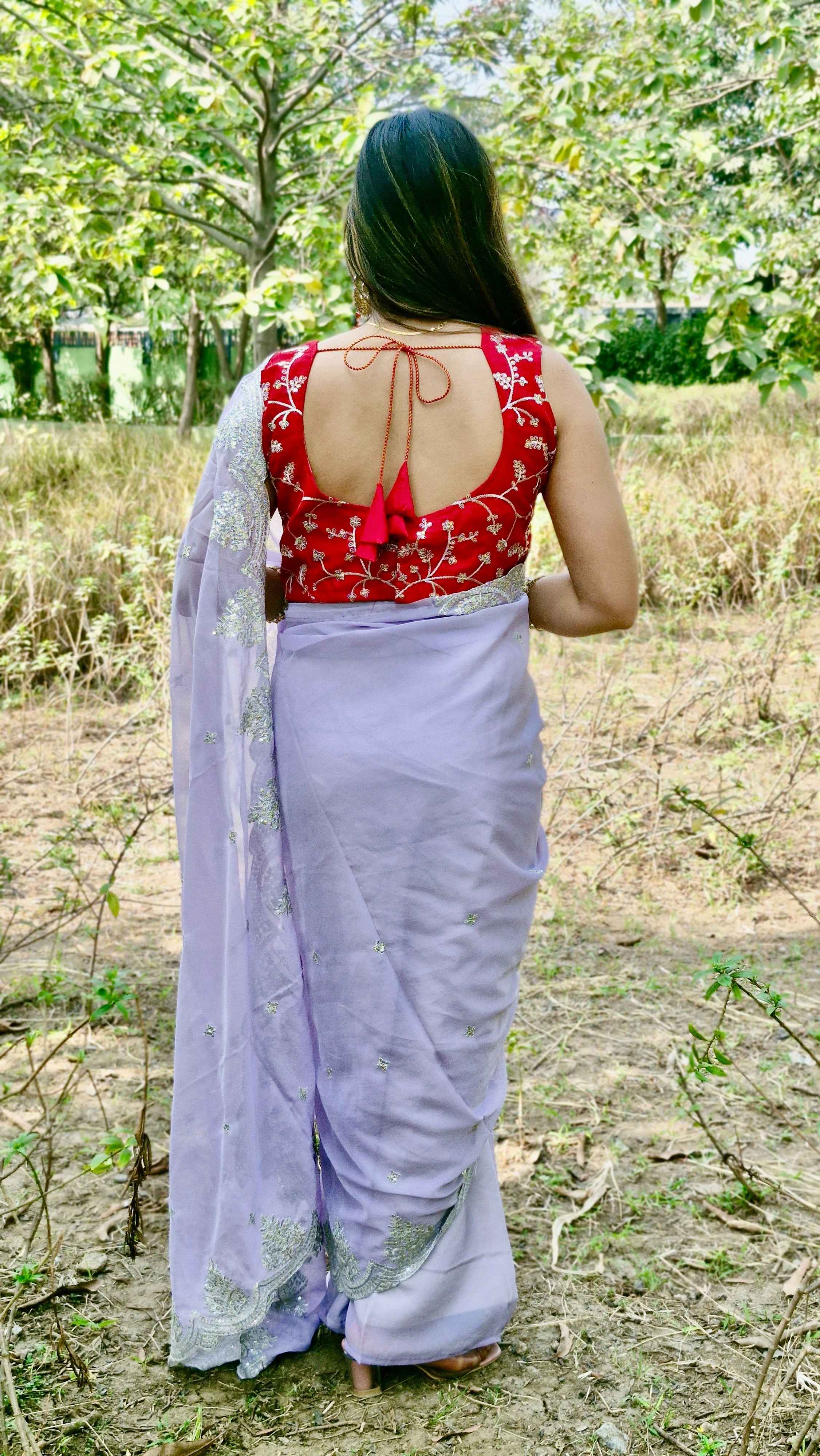 Glamorous Lavender Tabby Organza Silk Engagement Wear Saree With Blouse