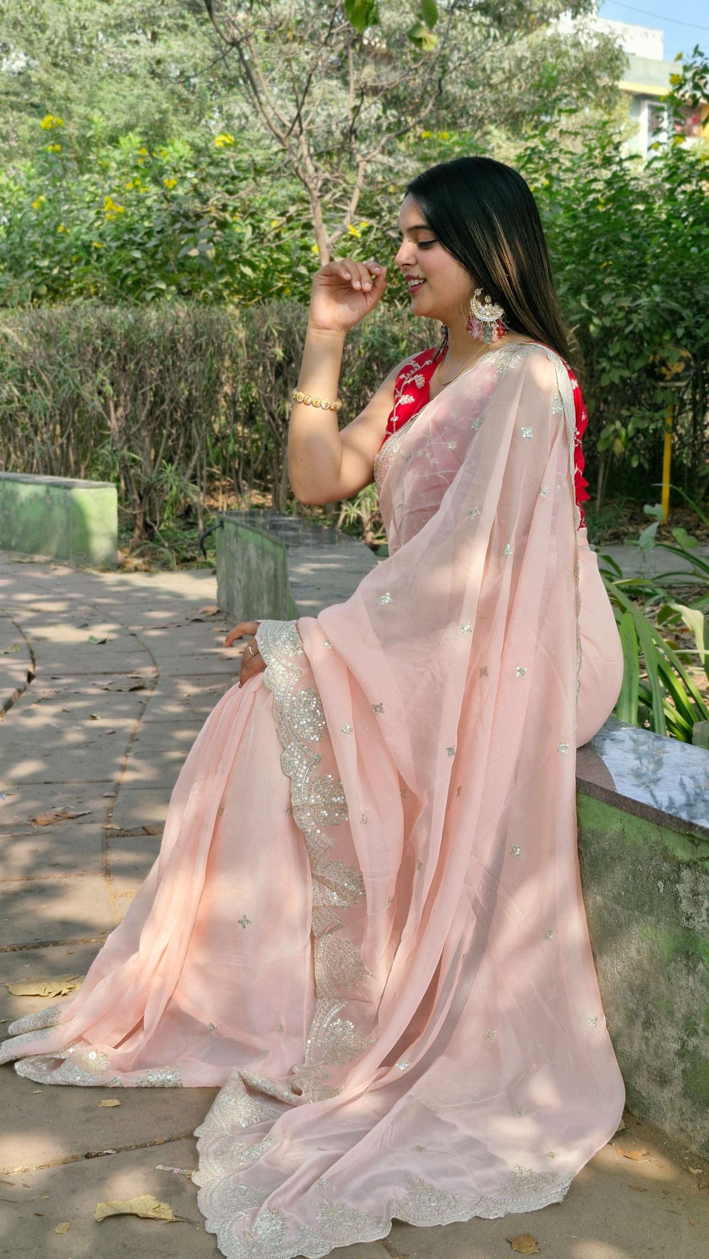 Precious Blush pink Tabby Organza Silk Engagement Wear Saree With Red Embroidered Blouse