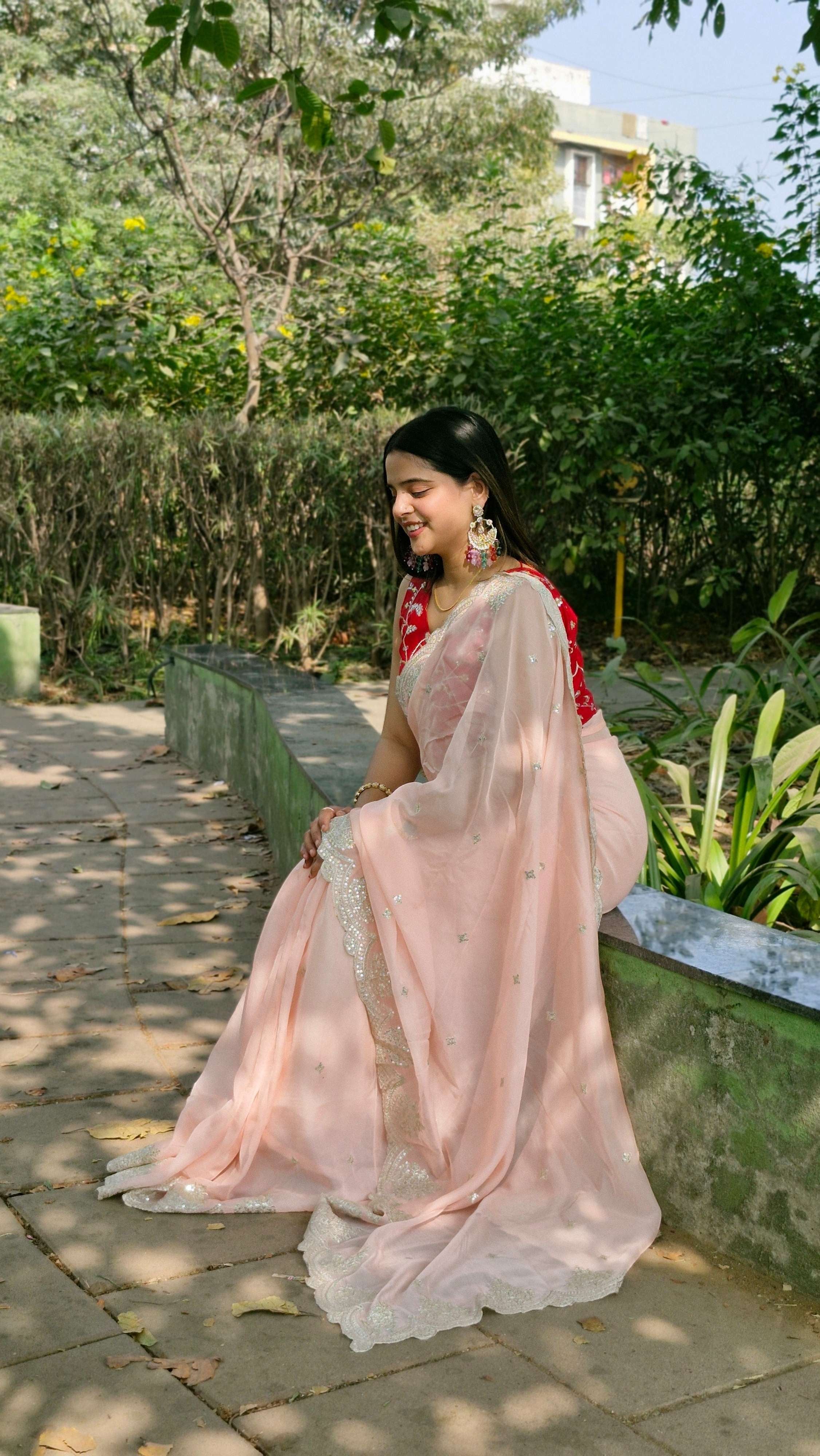 Precious Blush pink Tabby Organza Silk Engagement Wear Saree With Red Embroidered Blouse