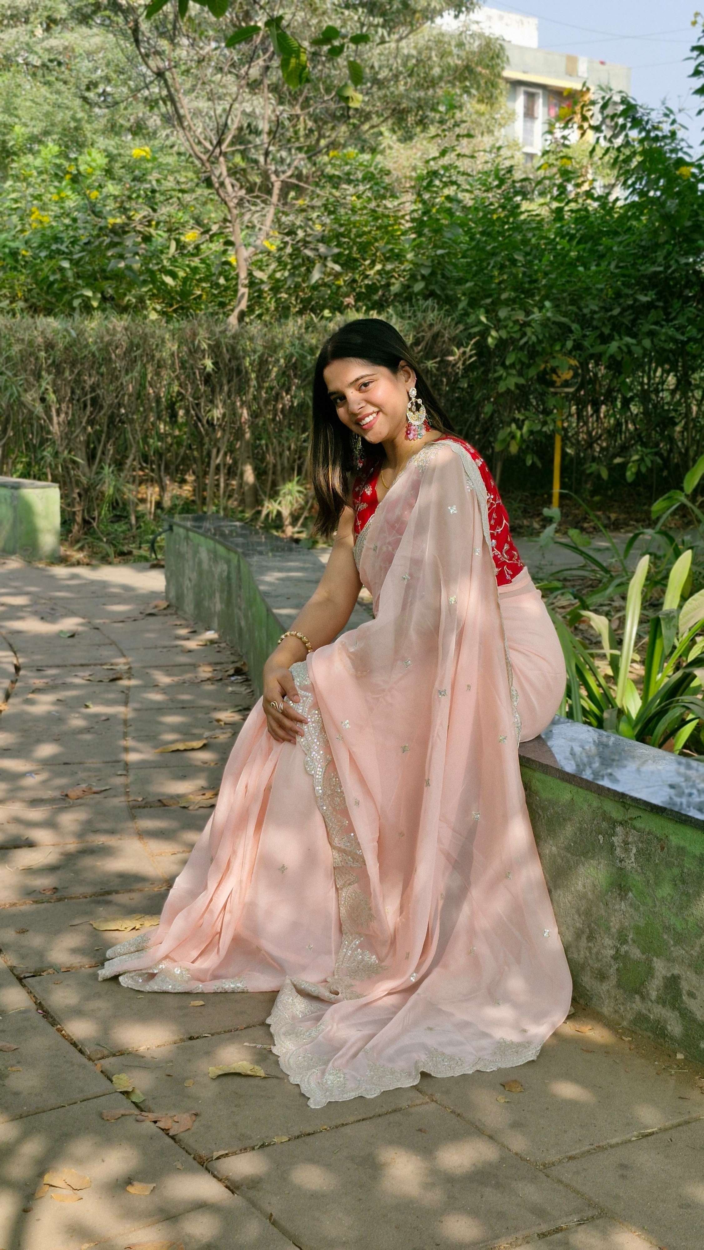 Precious Blush pink Tabby Organza Silk Engagement Wear Saree With Red Embroidered Blouse
