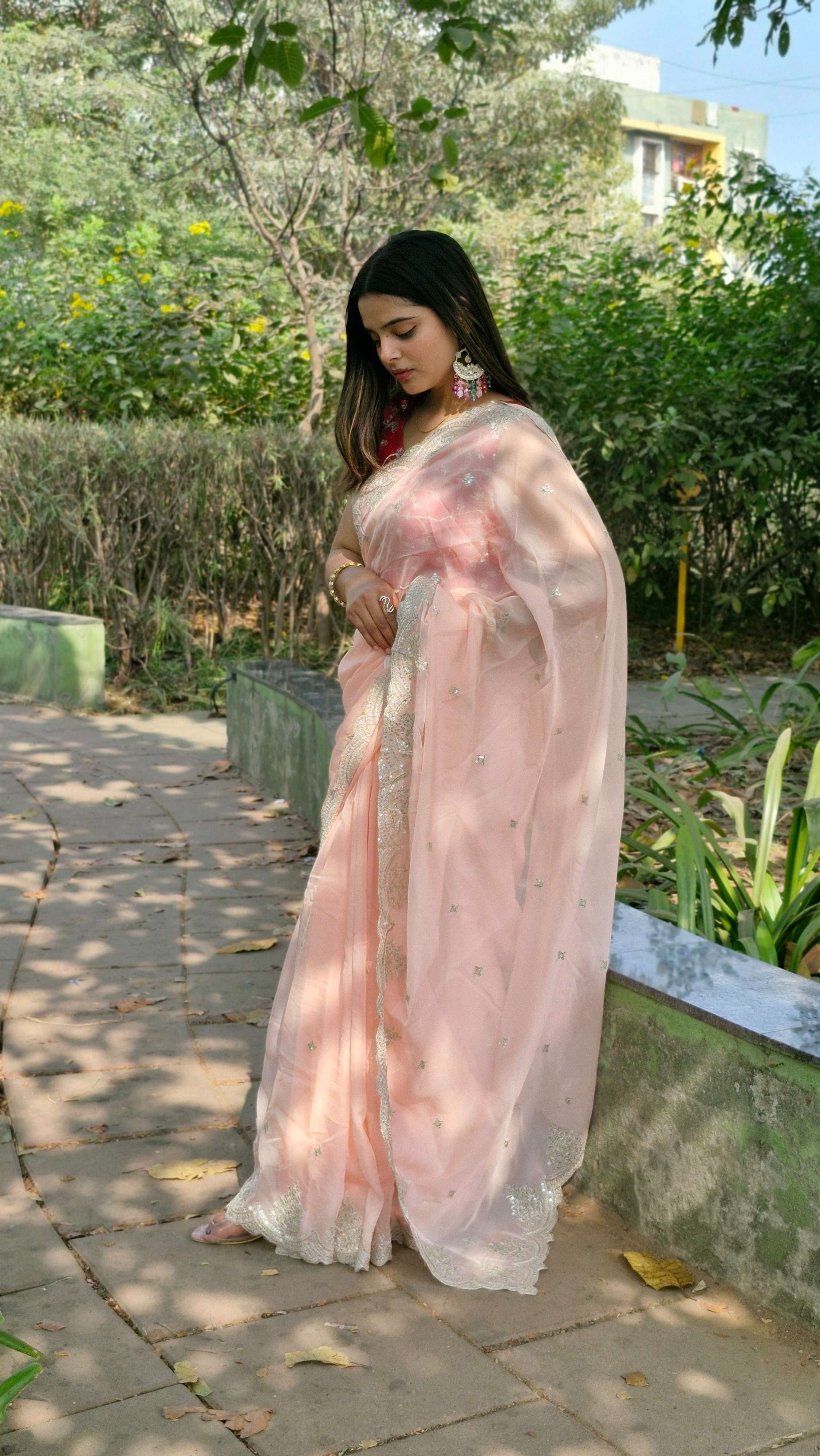 Precious Blush pink Tabby Organza Silk Engagement Wear Saree With Red Embroidered Blouse