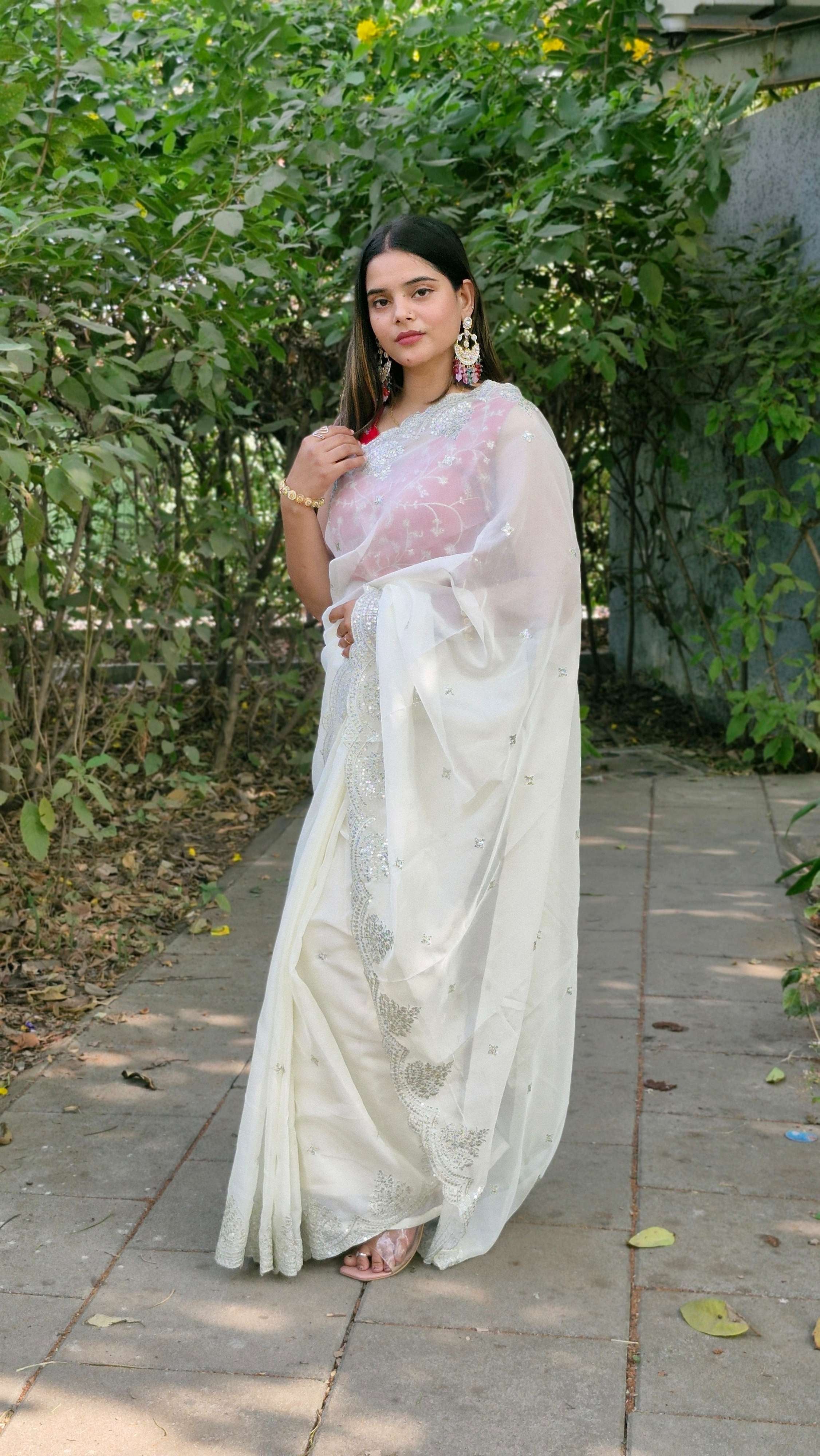 Stunning White Tabby Organza Silk Engagement Wear Saree With Red Embroidered Blouse