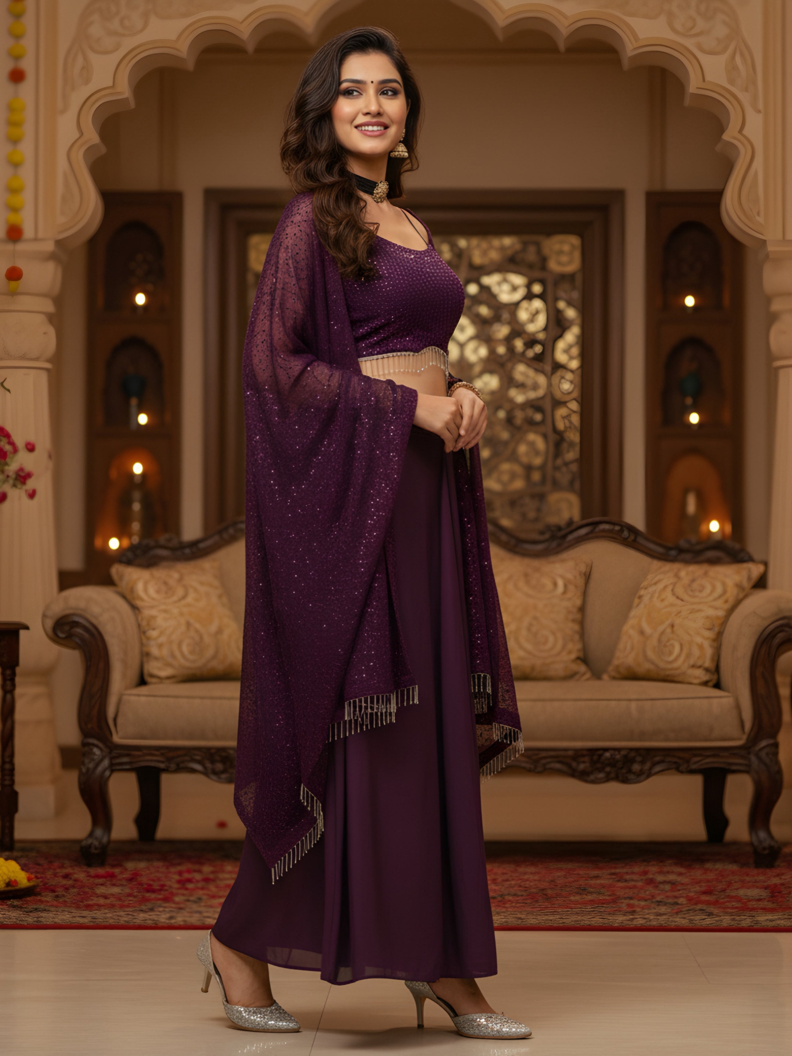 Eyescatch Wine Rangoli Silk With Embroidery Seuence Designer Festive Wear Cape Plazzo Set